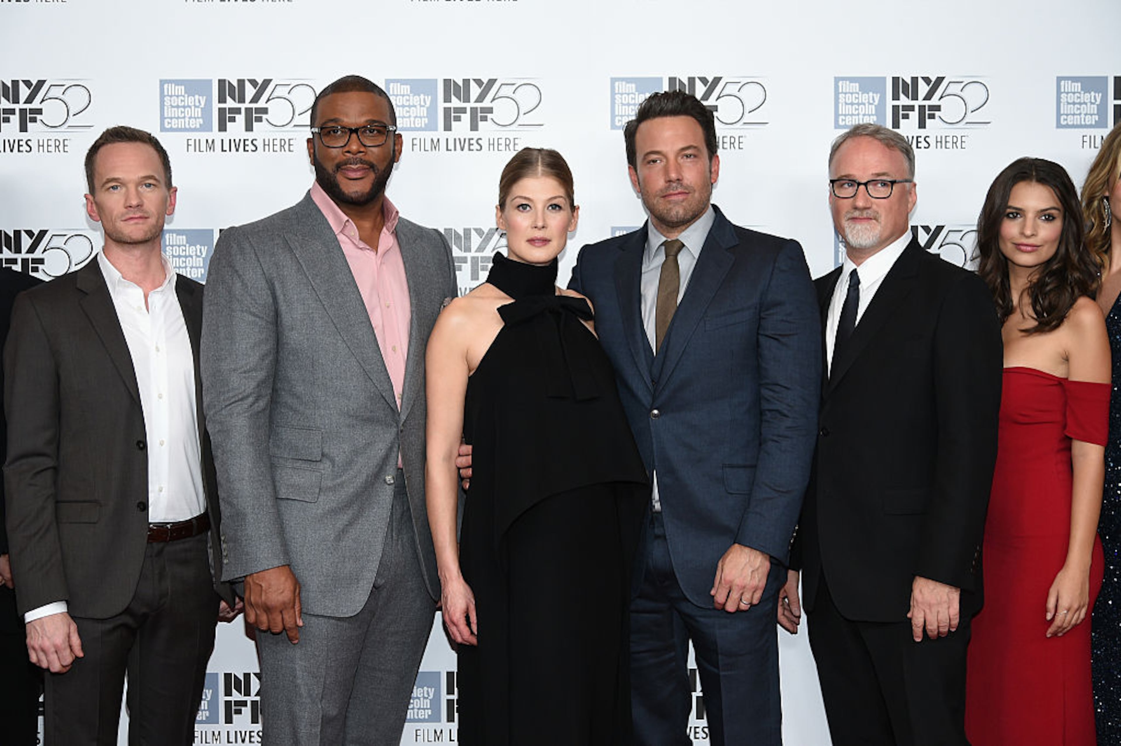 NEW YORK, NY - SEPTEMBER 26: (L-R) Neil Patrick Harris, Tyler Perry, Rosamund Pike, Ben Affleck, David Fincher, and Emily Ratajkowski attend the Opening Night Gala Presentation and World Premiere of "Gone Girl" during the 52nd New York Film Festival at Alice Tully Hall on September 26, 2014 in New York City. (Photo by Dimitrios Kambouris/Getty Images)