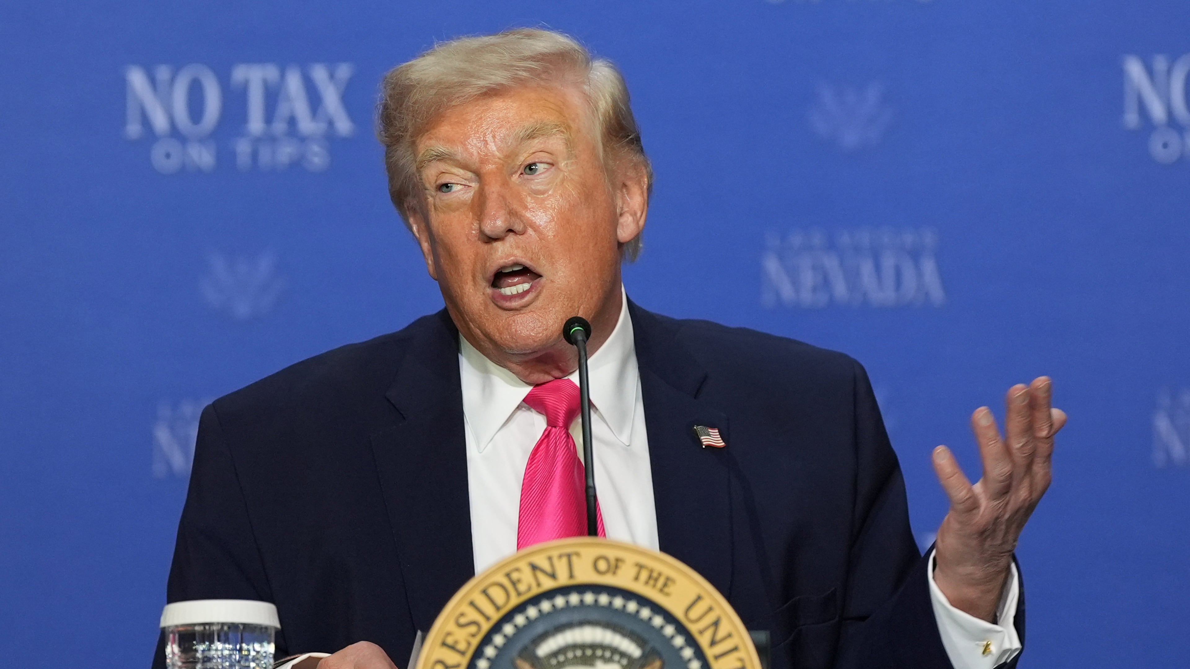 President Donald Trump speaks at a roundtable event about no tax on tips, Thursday, April 16, 2026, in Las Vegas. (AP Photo/Alex Brandon)