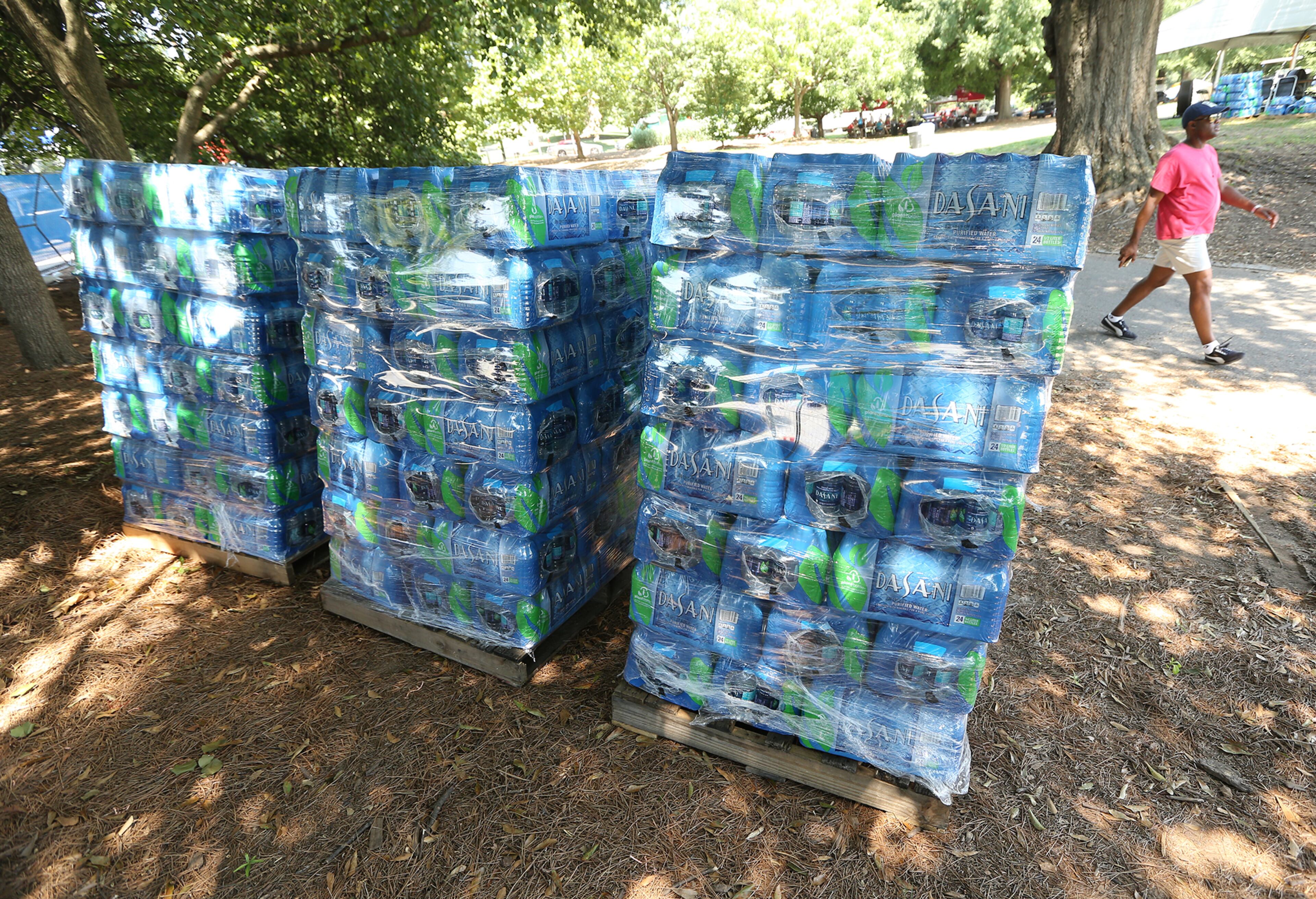 Thousands of bottles of water have been moved into Piedmont Park in preparation for the Peachtree Road Race on Sunday, July 3, 2016, in Atlanta. Curtis Compton / ccompton@ajc.com