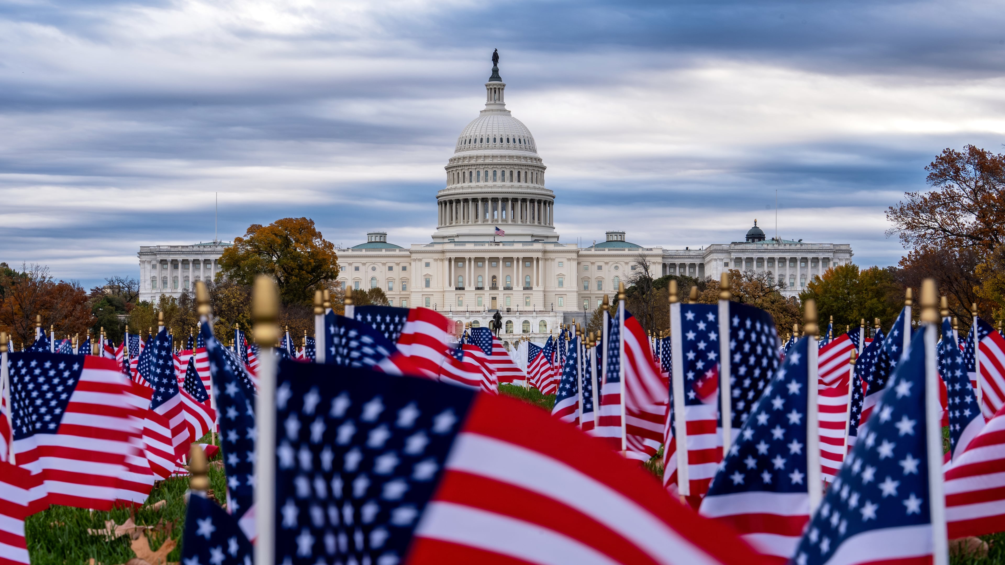 FILE - Miniature American flags flutter in wind gusts across the National Mall near the Capitol in Washington, Nov. 10, 2025. (AP Photo/J. Scott Applewhite, File)