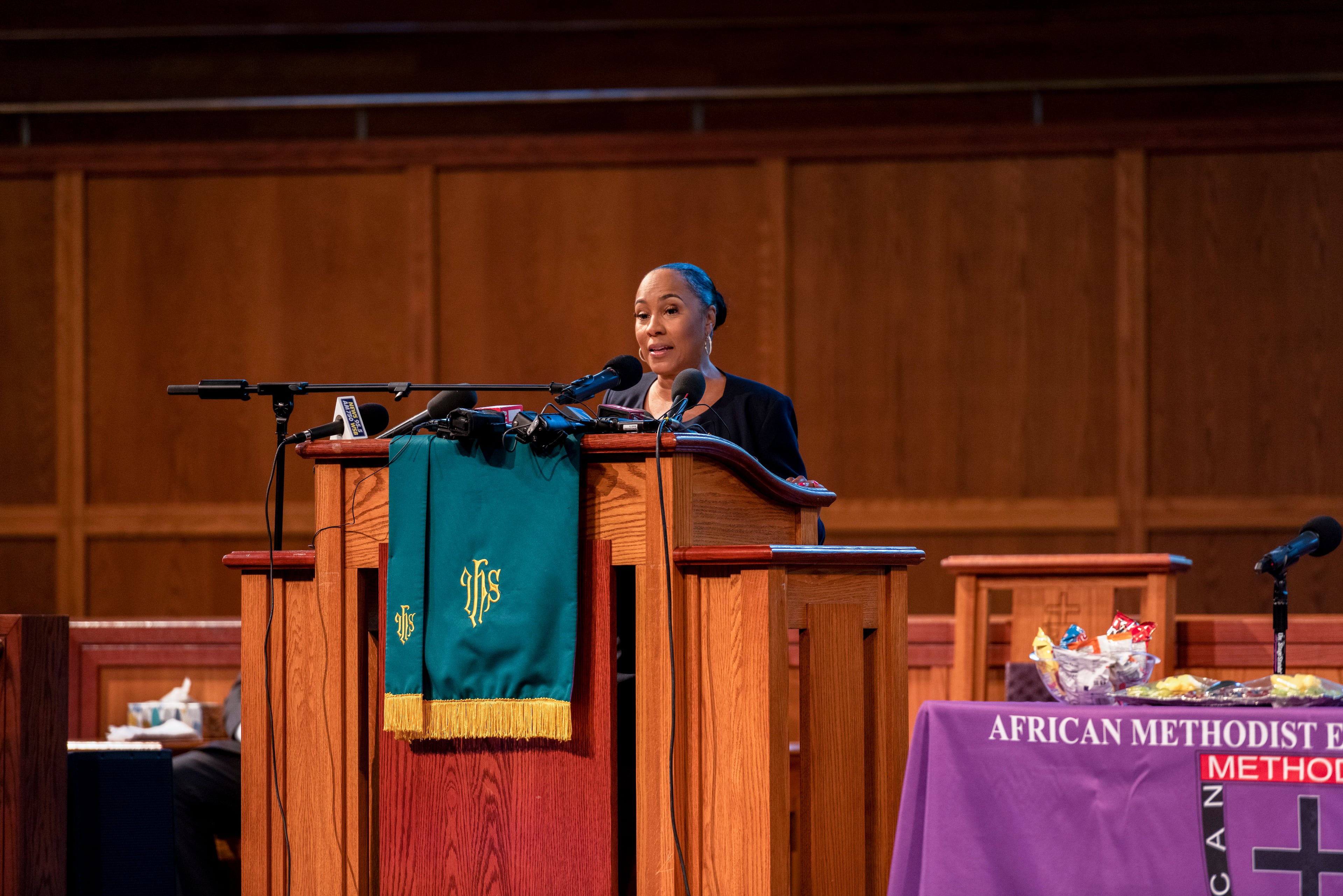 Fani Willis, the Fulton County district attorney, speaks to leaders of the African Methodist Episcopal Church at Turner Chapel AME Church in Marietta, Ga., on Thursday, June 13, 2024. “I’ve lived the experience of a Black woman who is attacked and over-sexualized,” Willis told leaders of the African Methodist Episcopal Church on Thursday. (Leah Overstreet/The New York Times)