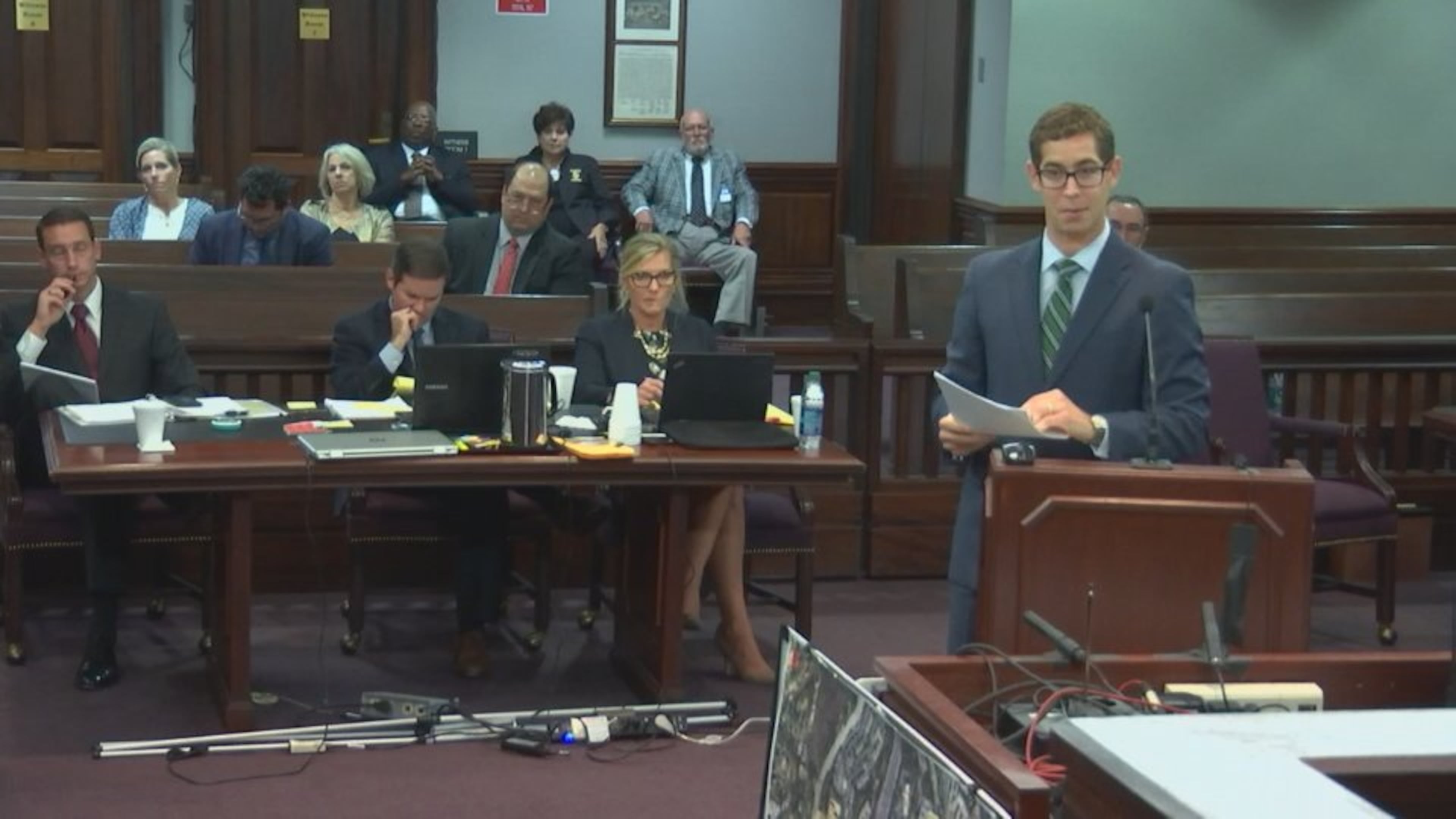 Defense attorney Carlos Rodriguez cross examines 3D laser scanning expert David Dustin, during the murder trial of Justin Ross Harris at the Glynn County Courthouse in Brunswick, Ga., on Friday, Oct. 28, 2016. (screen capture via WSB-TV)