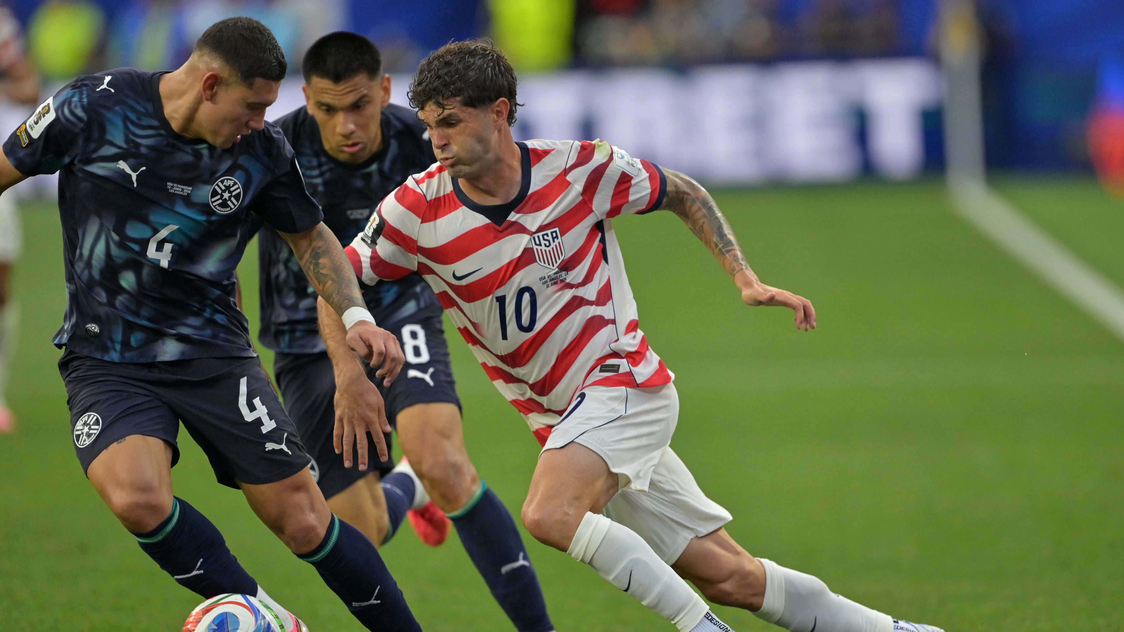 United States' Christian Pulisic (10) runs with the ball during the World Cup Group D soccer match between the United States and Paraguay in Inglewood, Calif., near Los Angeles, Friday, June 12, 2026. (AP Photo/Jayne Kamin-Oncea)