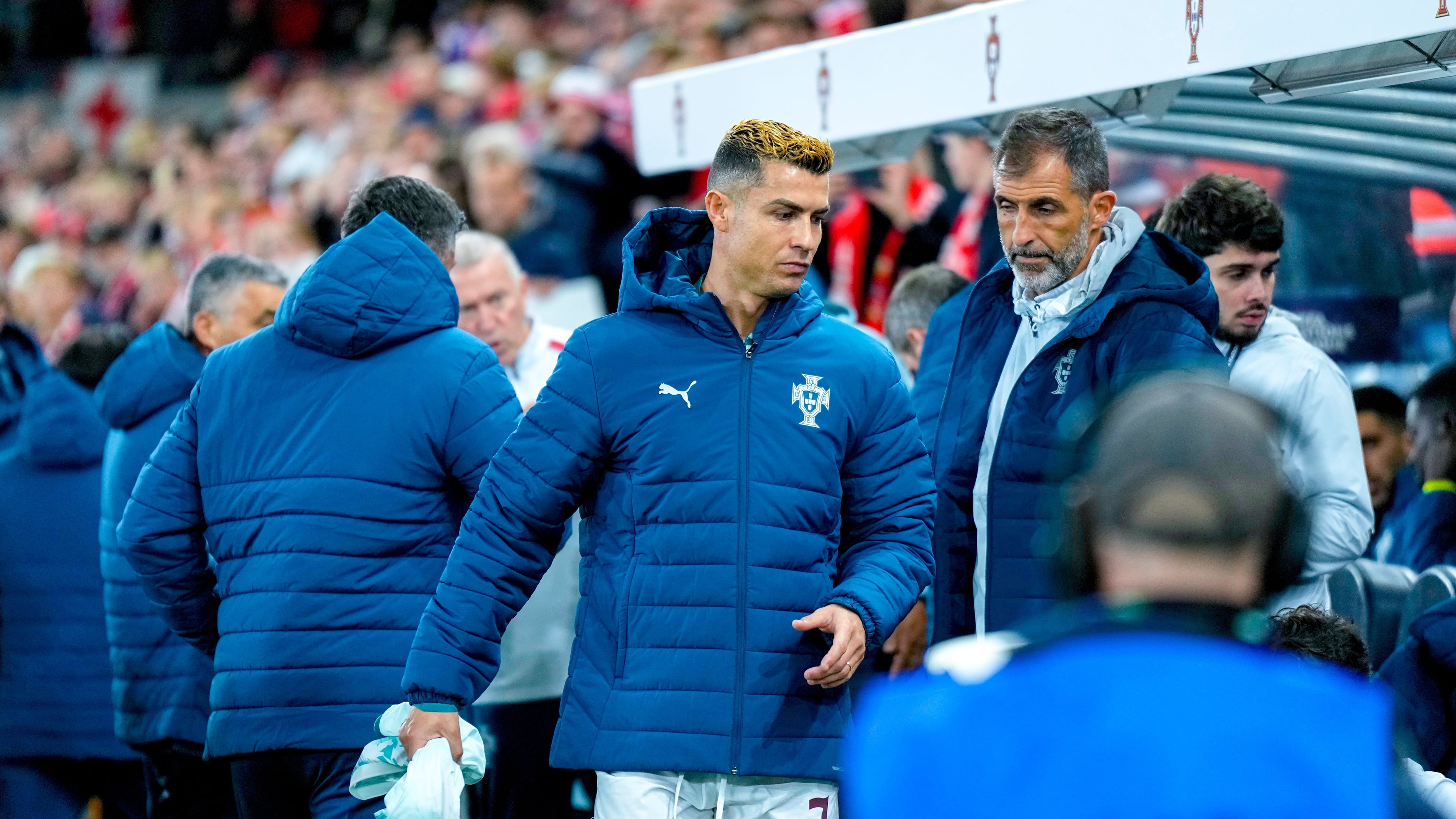 Portugal's Cristiano Ronaldo starts on the bench during a Nations League soccer match between between Norway and Portugal, in Oslo, Sunday, Sept. 27, 2026. (Cornelius Poppe/NTB Scanpix via AP)