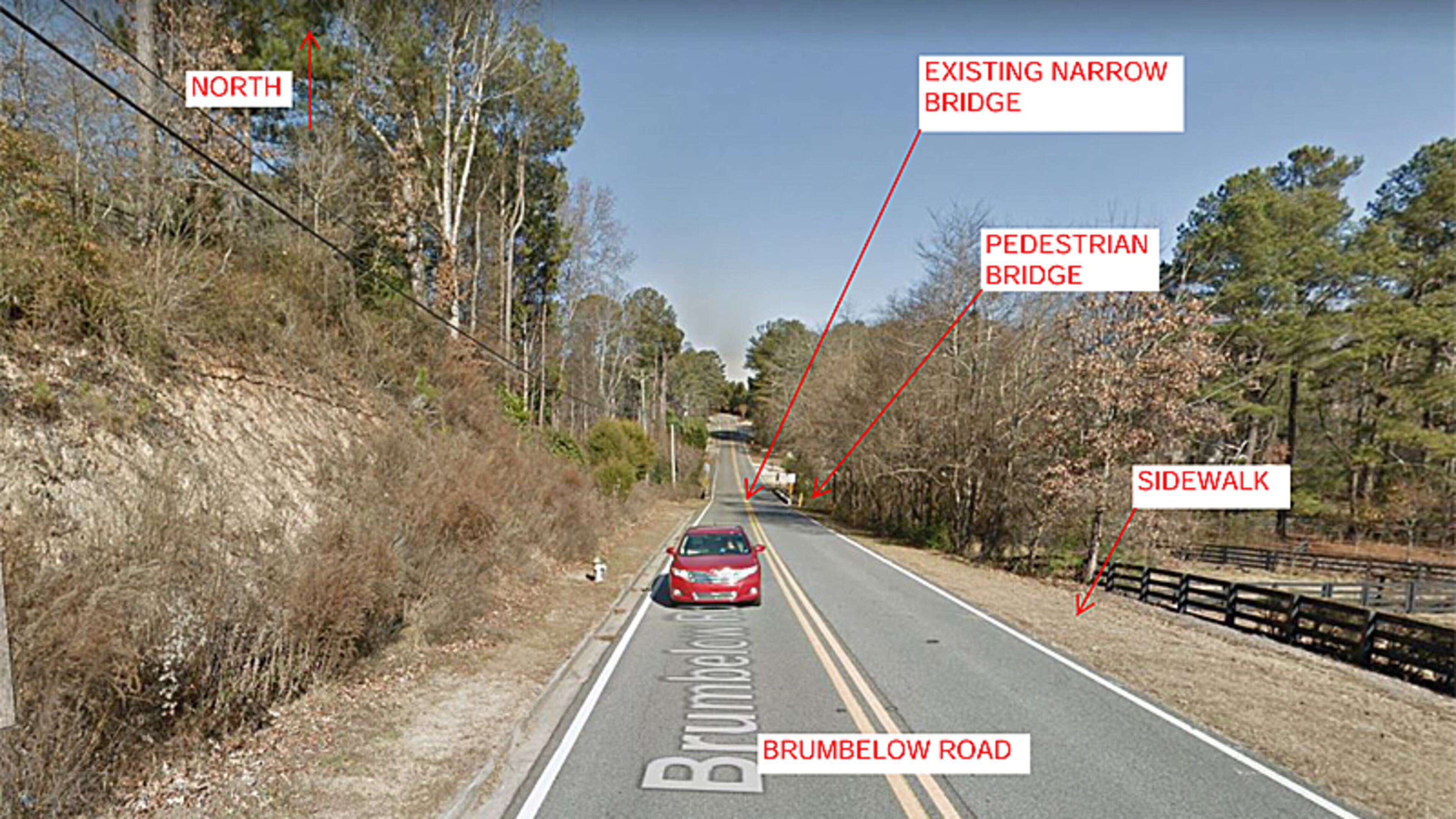 A Johns Creek city photo depicts present conditions along Brumbelow Road. The city has let contracts to extend a pedestrian trail along Brumbelow from Mackinac to Stoney Ridge drives. CITY OF JOHNS CREEK