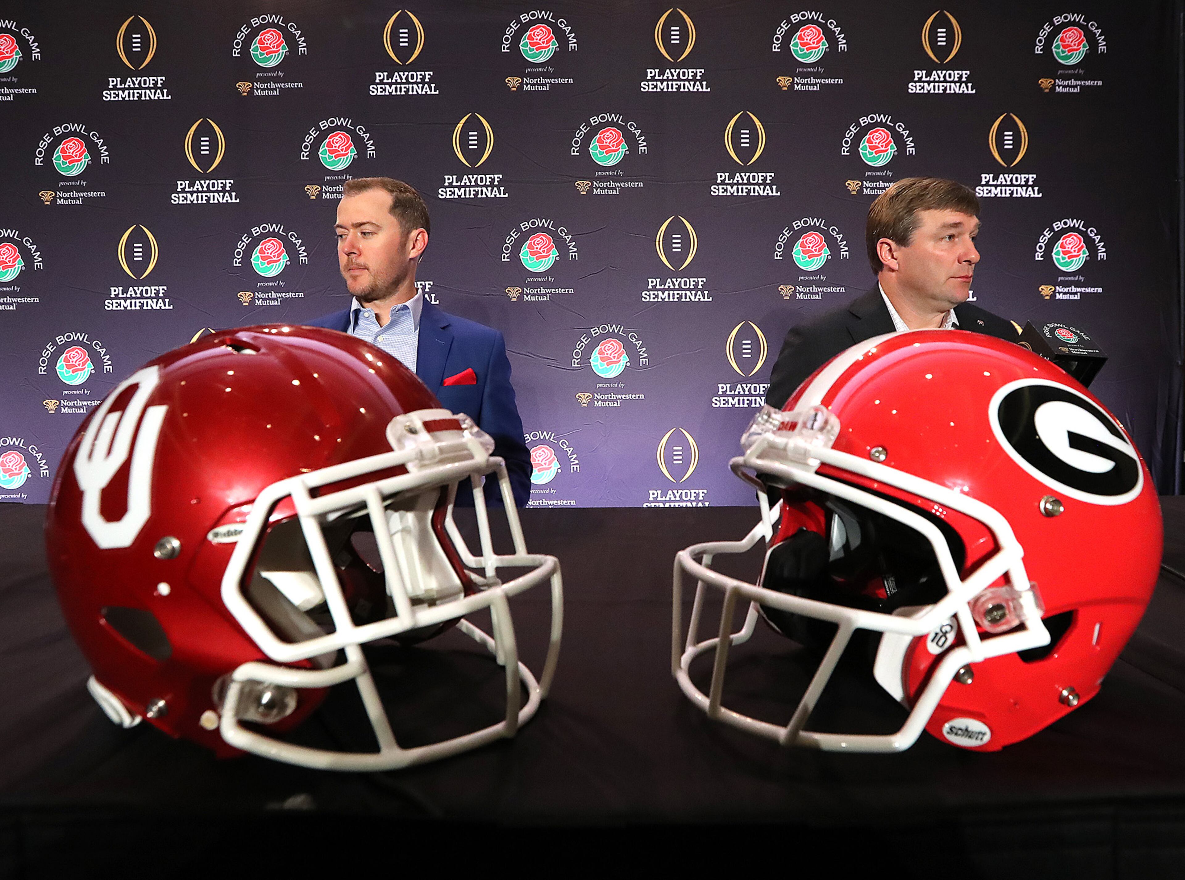December 31, 2017 Los Angeles: Georgia head coach Kirby Smart and Oklahoma head coach Lincoln Riley conclude the head coach press conference for the Rose Bowl on Sunday, December 31, 2017, in Los Angeles. Curtis Compton/ccompton@ajc.com