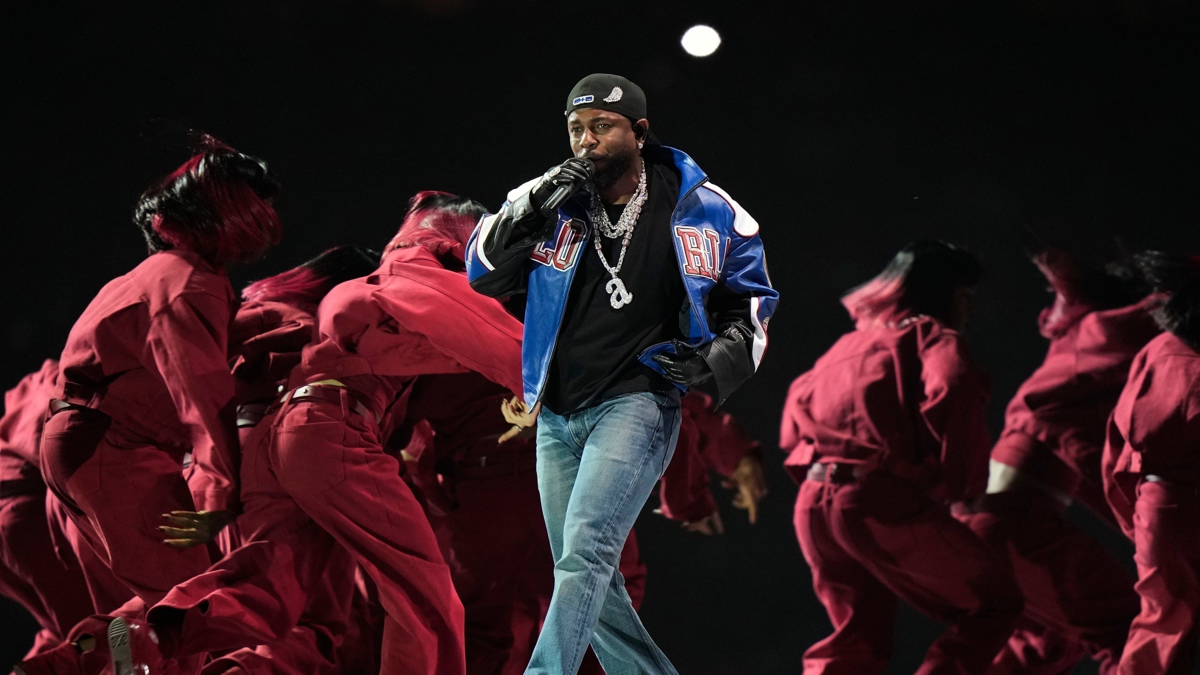 FILE - Kendrick Lamar performs during halftime of the NFL Super Bowl 59 football game between the Kansas City Chiefs and the Philadelphia Eagles, Sunday, Feb. 9, 2025, in New Orleans. (AP Photo/Frank Franklin II, File)