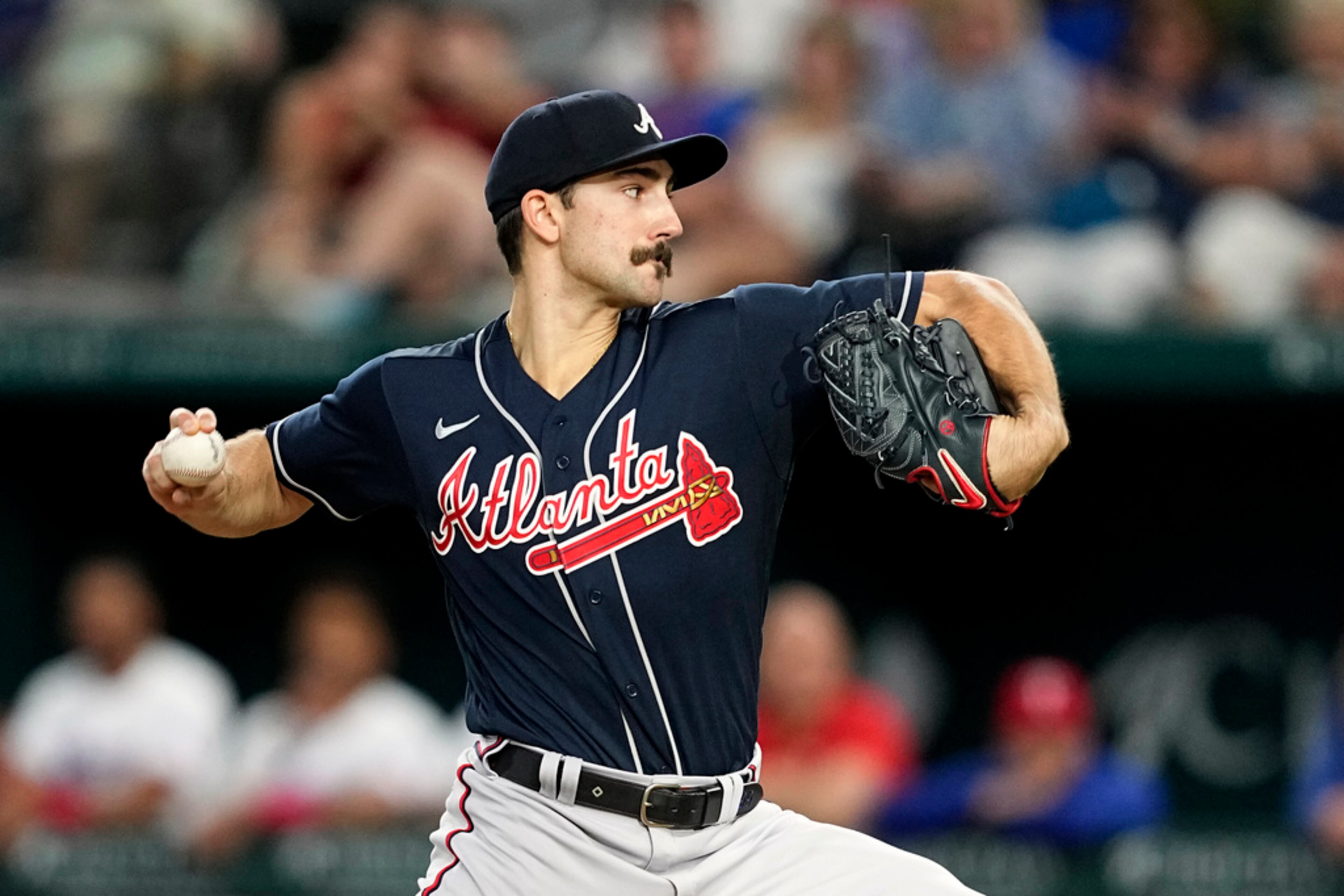 Atlanta Braves starting pitcher Spencer Strider throws to the Texas Rangers in the first inning of a baseball game, Wednesday, May 17, 2023, in Arlington, Texas. (AP Photo/Tony Gutierrez)