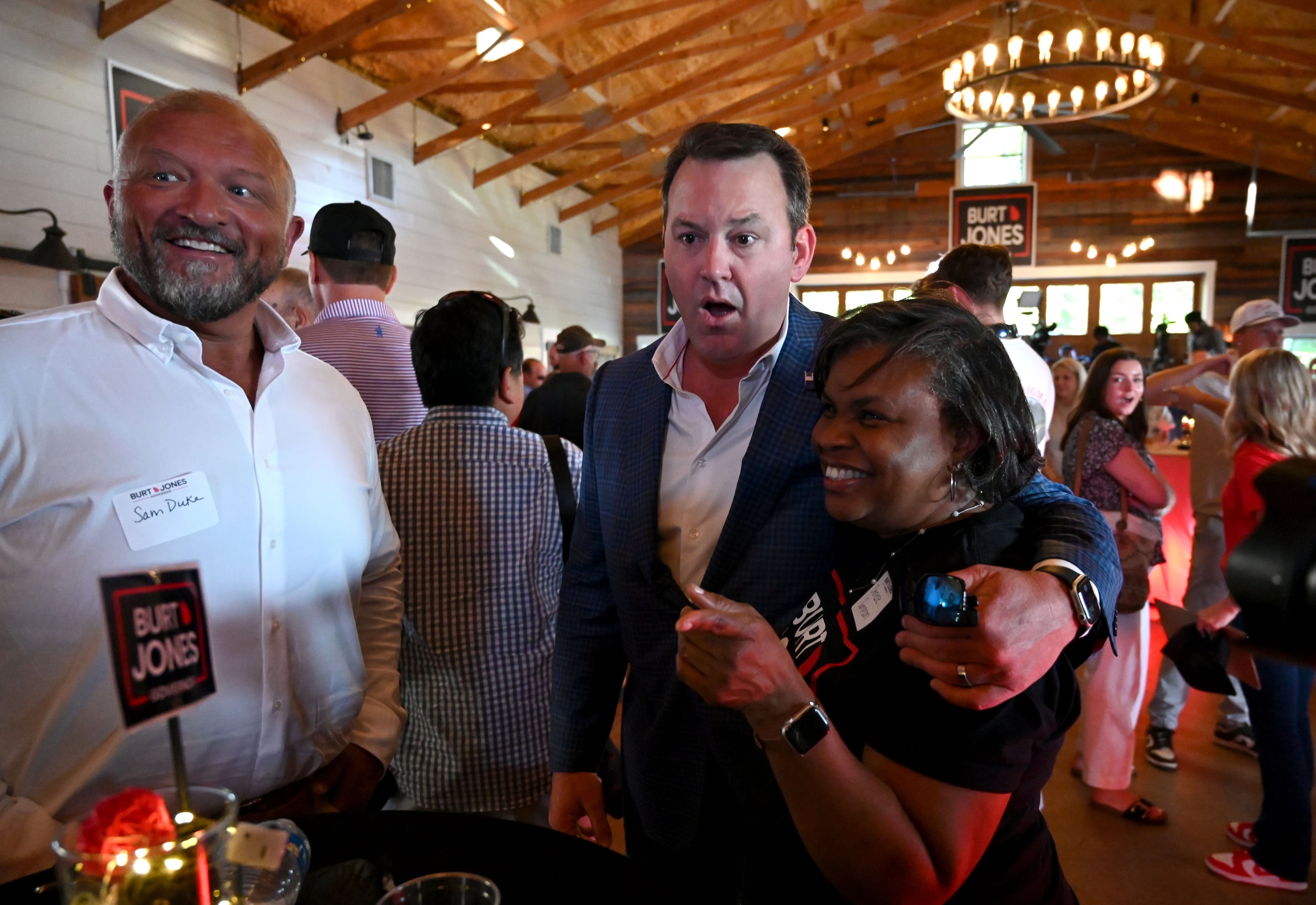 Georgia gubernatorial candidate Burt Jones greets supporters as he arrives for his election night party at The Rivers Ranch during the 2026 Georgia primary elections Tuesday, May 19, 2026, in Jackson. (Hyosub Shin/AJC)