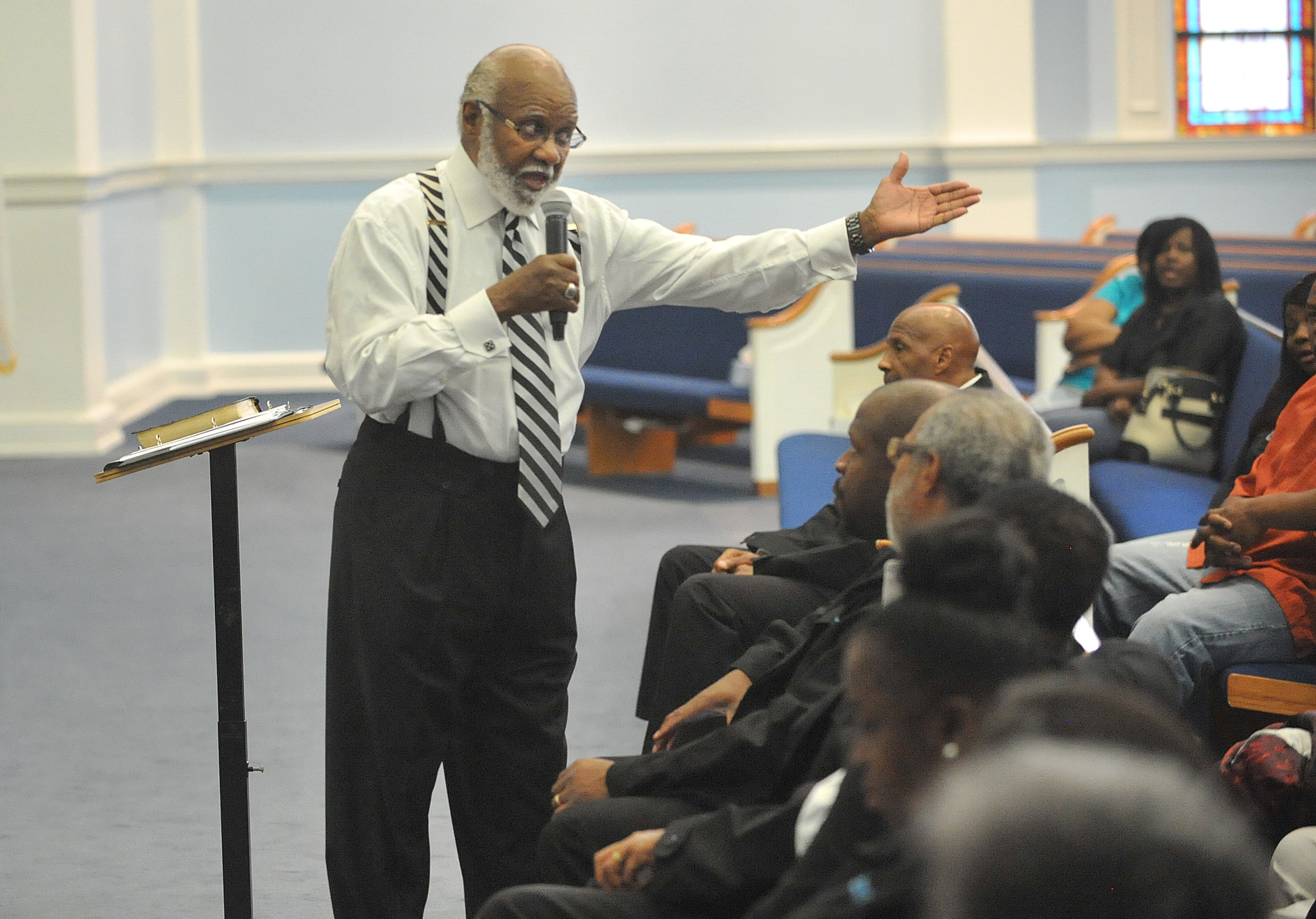JUNE 26, 2015 NORCROSS Bishop William Sheals, senior pastor of Hopewell Missionary Baptist Church speaks during a town hall meeting against gay marriage in Norcross, Friday, June 26, 2015. In a 5-4 ruling, the U.S. Supreme Court ruled Friday that the Constitution requires states to license same-sex marriage and to recognize same-sex marriages lawfully performed elsewhere. KENT D. JOHNSON /KDJOHNSON@AJC.COM