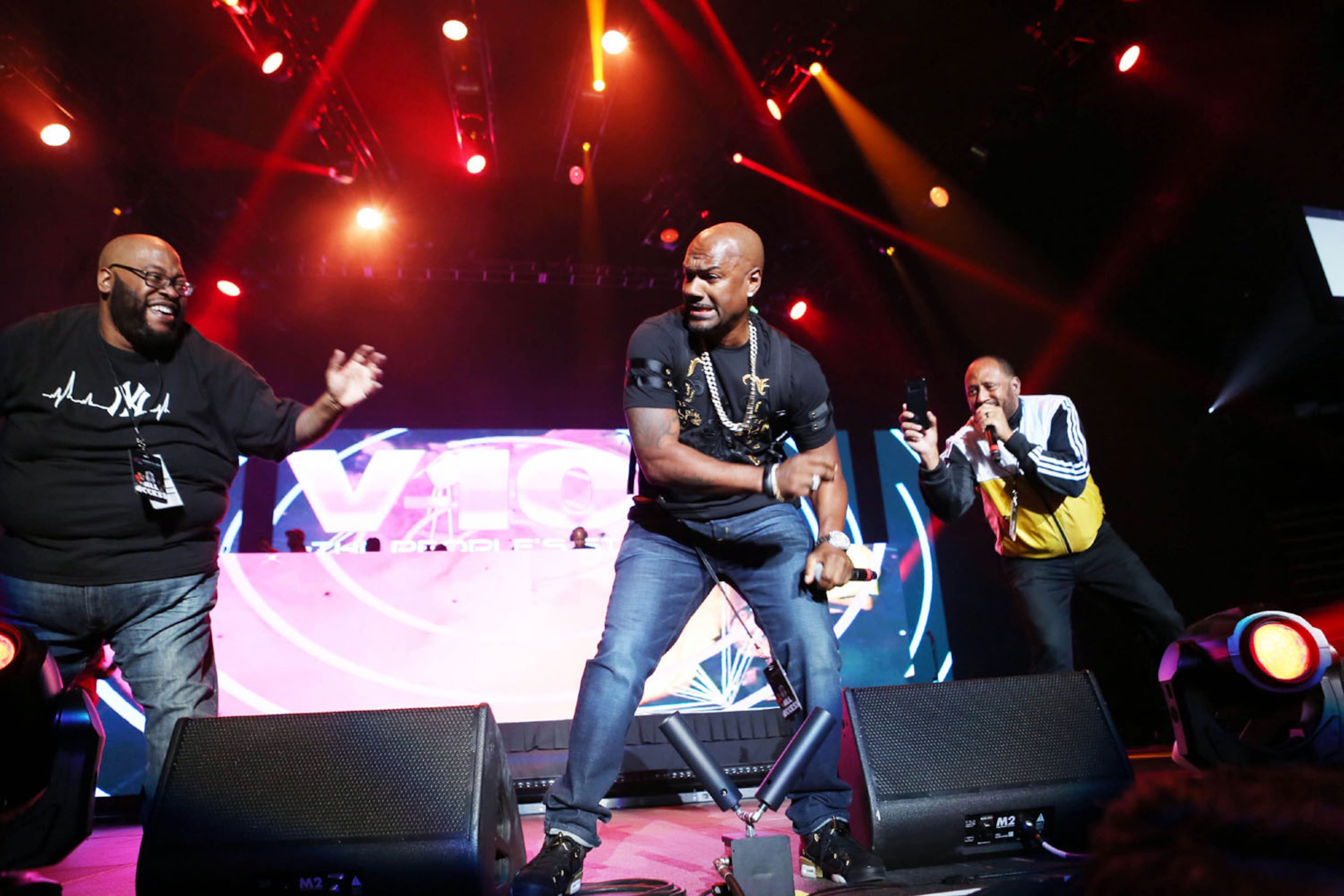 --V103 personalities Big Ray, Big Tigger and Frank Ski greet the sold out crowd.
V103 presented its Live Pop-Up concert Saturday, March 31, 2018 at sold out Phiolips Arena. The Hip Hop show featured Gucci Mane, Migos, 2 Chainz, K Camp, Rich Homie Quan, The Dream, Trouble and Rocko.
Robb Cohen Photography & Video /RobbsPhotos.com