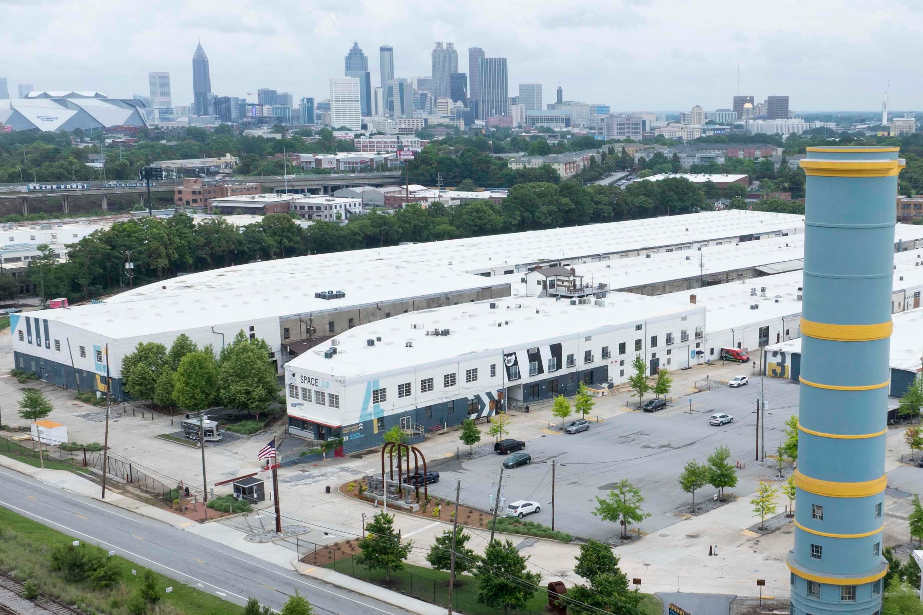 An aerial image shows one of the access points to the MET on Murphy Ave SW on Wednesday, May 17, 2026. City of Atlanta officials say they are looking to partner with Morehouse School of Medicine on a proposed $800 million hospital that would serve residents in the southern part of the city and is slated to be built at MET Atlanta, just south of I-20. (Miguel Martinez/AJC)