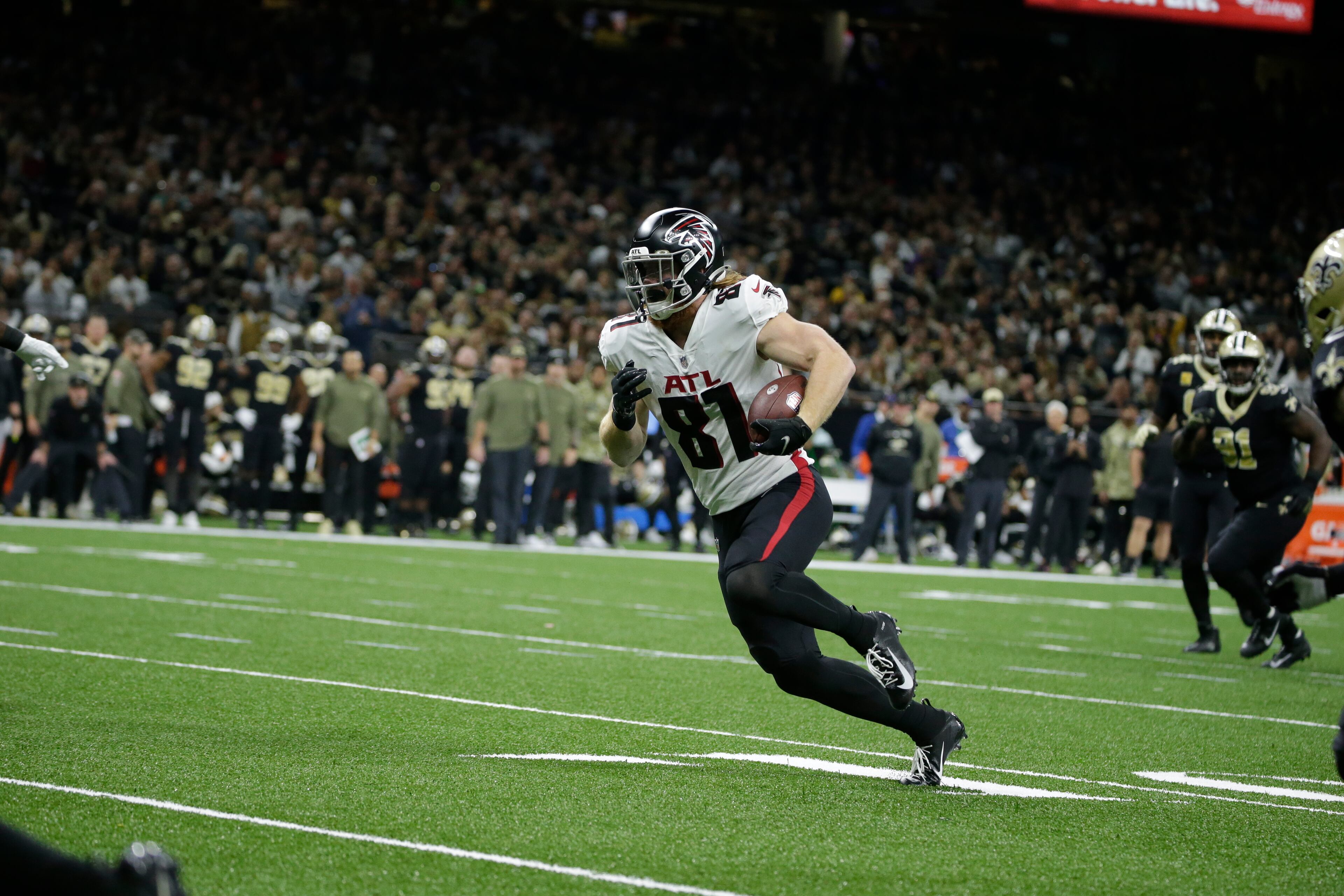 Atlanta Falcons tight end Hayden Hurst (81) runs against the New Orleans Saints during the second half of an NFL football game, Sunday, Nov. 7, 2021, in New Orleans. (AP Photo/Butch Dill)