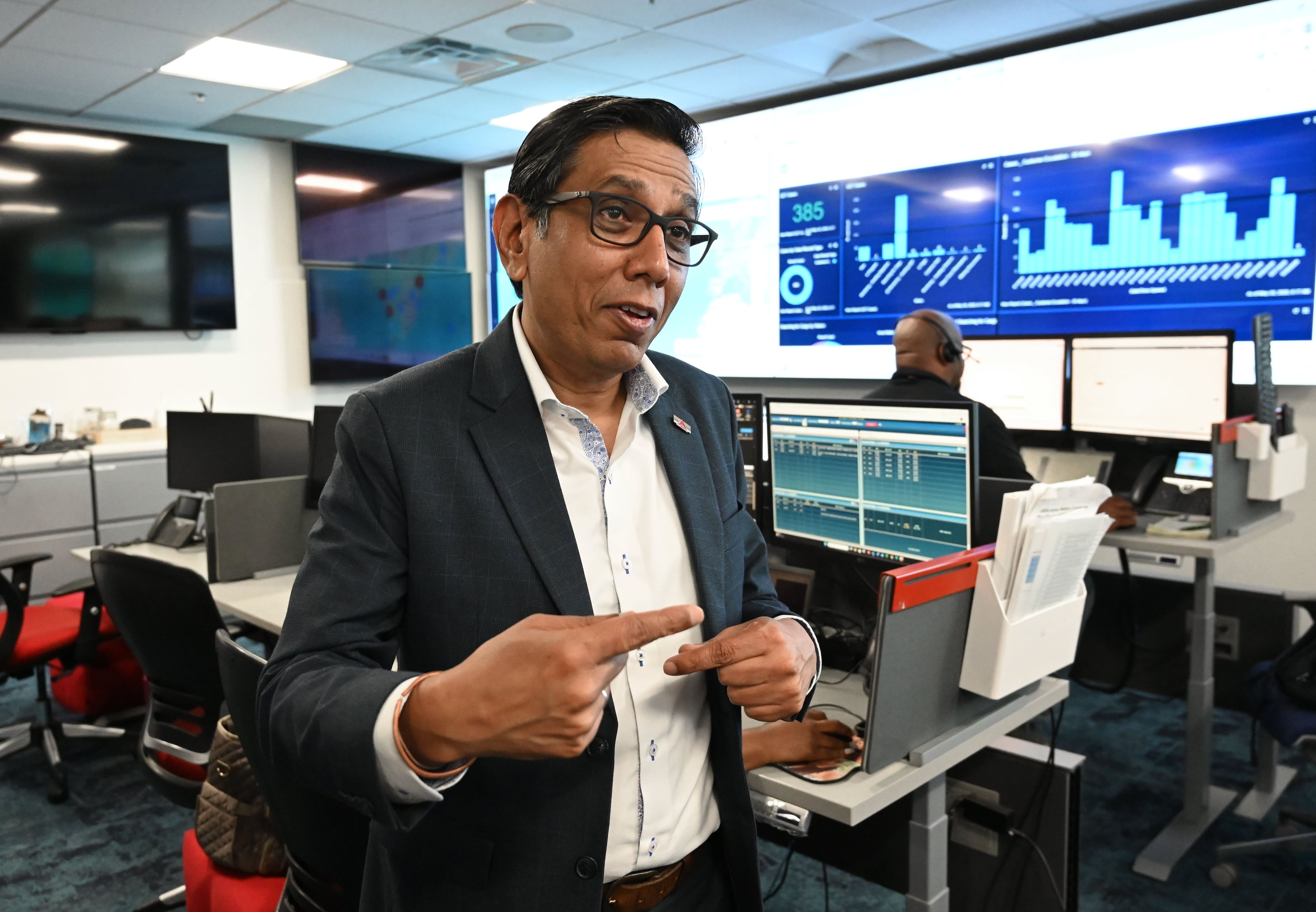 Vishal Bhatnagar, managing director of Delta Cargo Operations, speaks in the Delta Air Lines’ cargo control center on Thursday, May 28, 2026, in Atlanta. (Hyosub Shin/AJC)