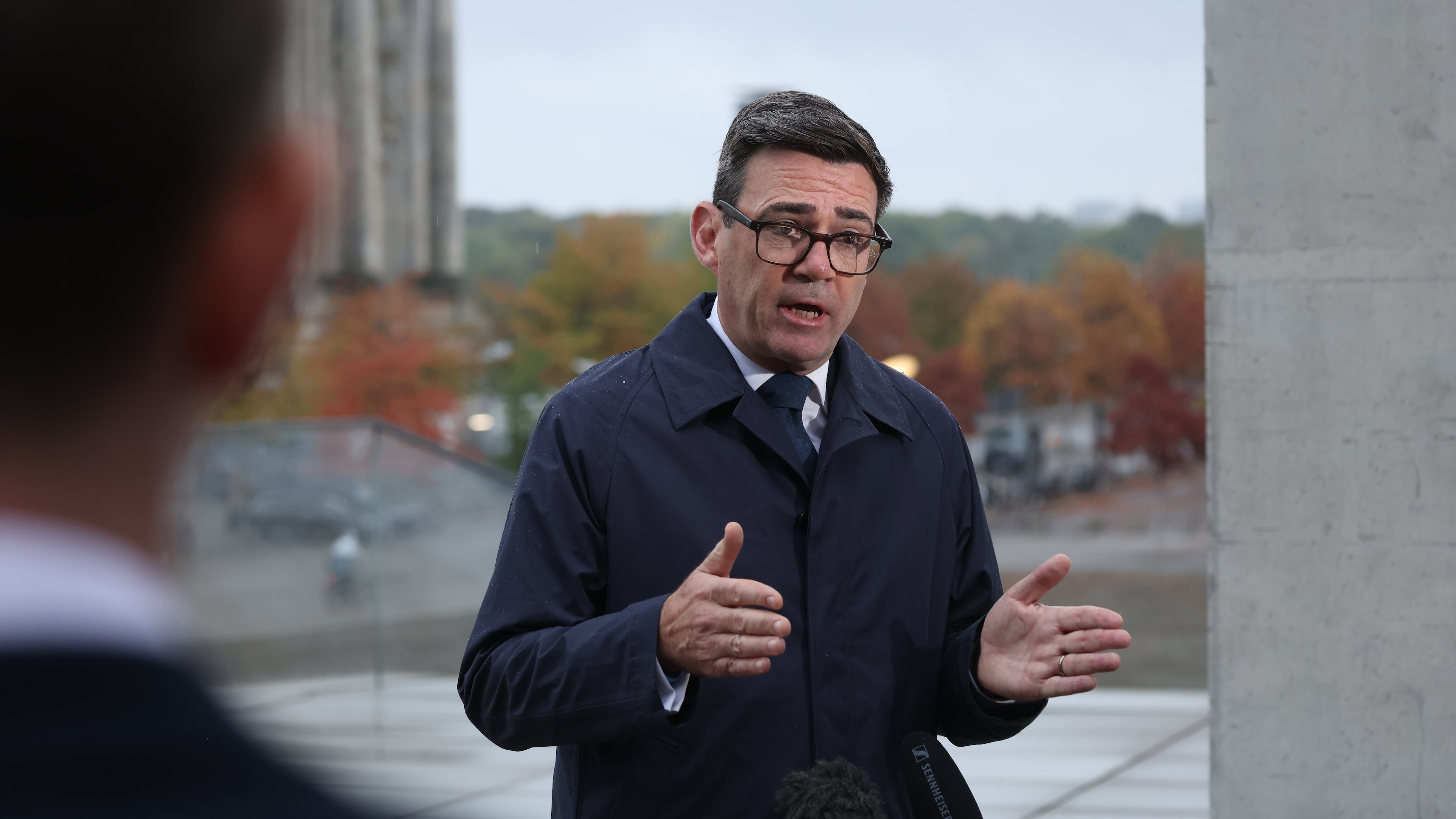 Britain's Prime Minister Andy Burnham gives a television interview following his meeting with German Chancellor Friedrich Merz in Berlin, Germany, Thursday, Oct. 8, 2026. (Sean Gallup/Pool Photo via AP)