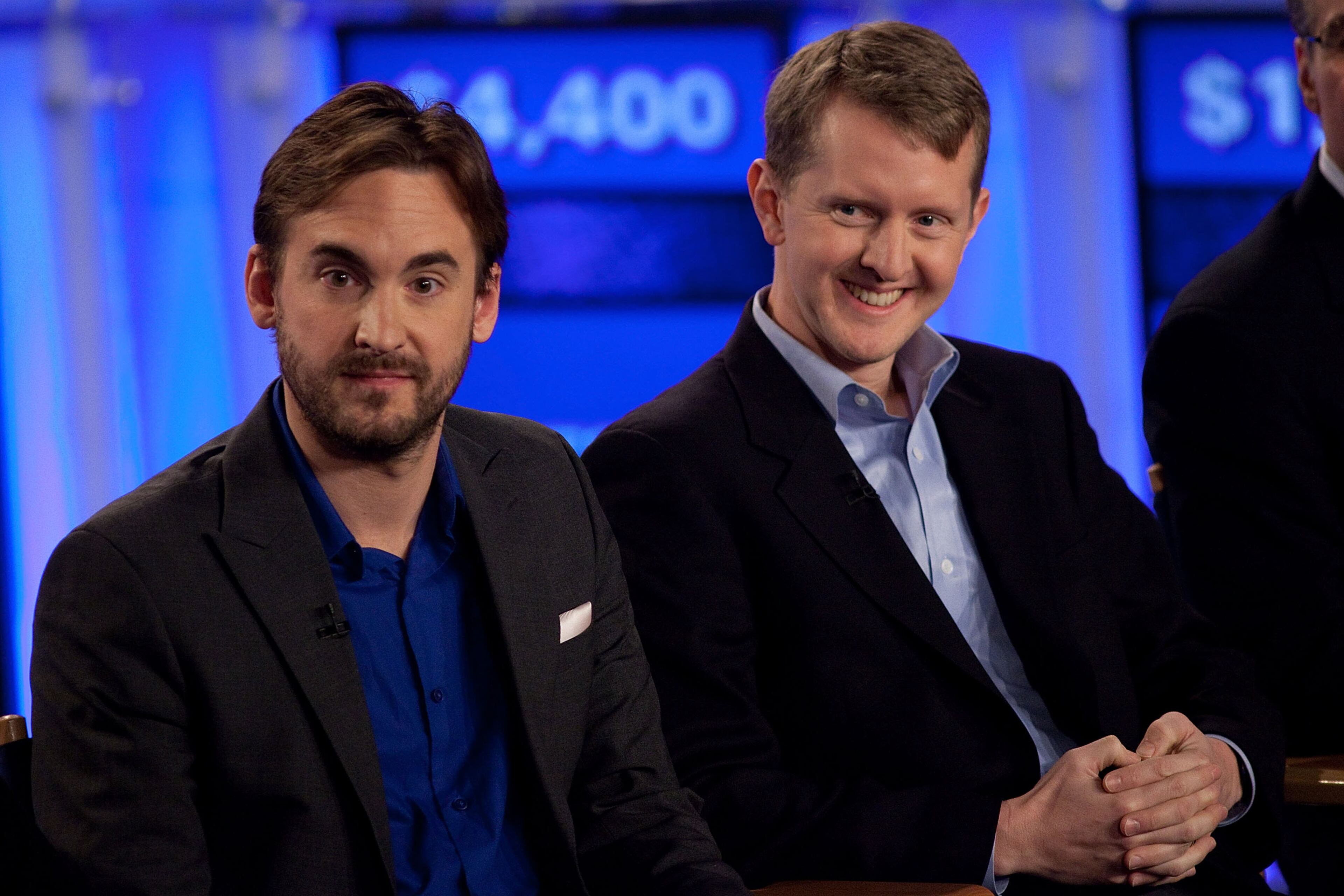 (L-R) Contestants Brad Rutter and Ken Jennings attend a press conference to discuss the upcoming Man V. Machine "Jeopardy!" competition at the IBM T.J. Watson Research Center on January 13, 2011 in Yorktown Heights, New York. (Photo by Ben Hider/Getty Images)