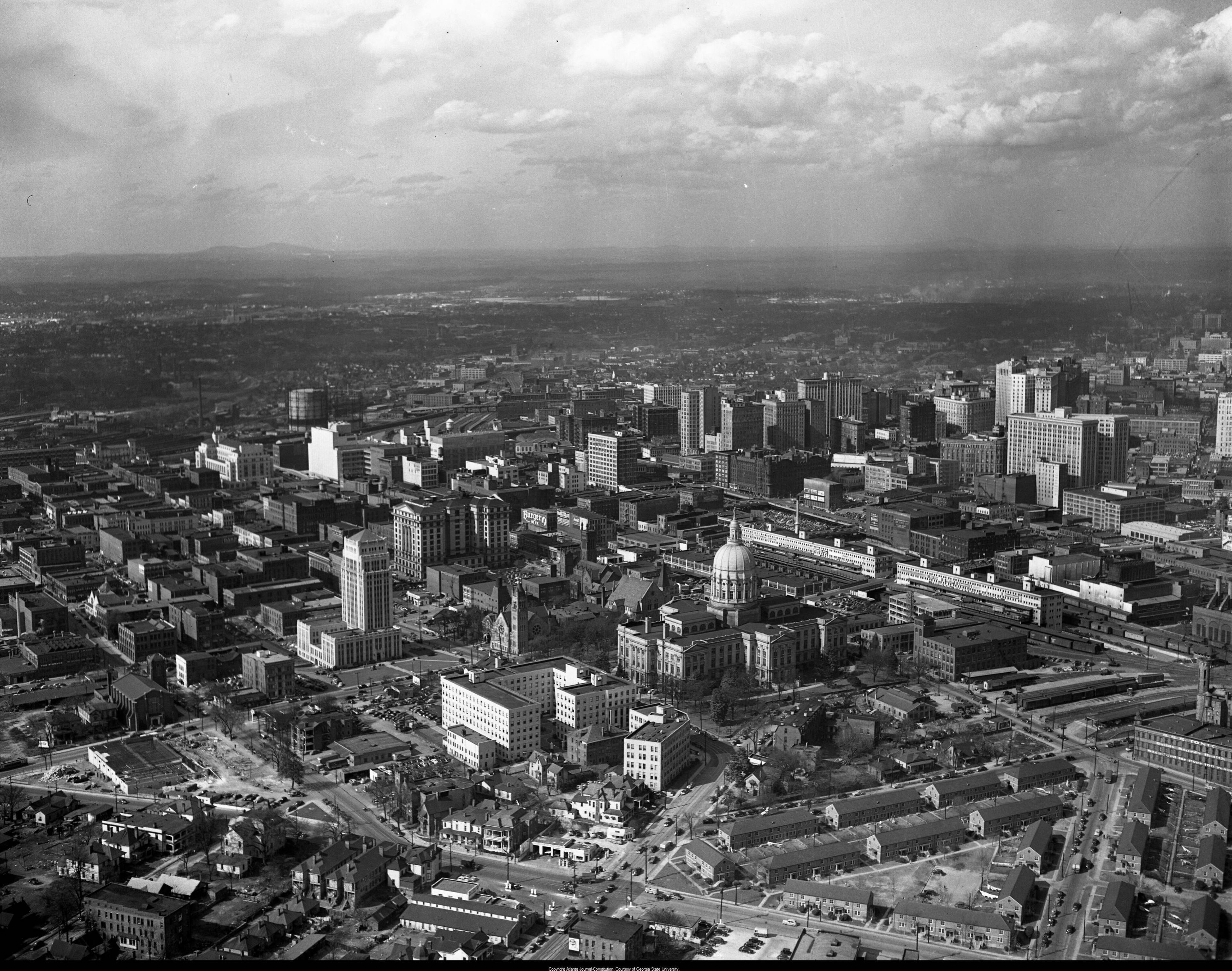From the early 1950s, another aerial view of downtown, looking northwest at the Capitol Building, Atlanta, Georgia. (AJC Archives/GSU Archives)