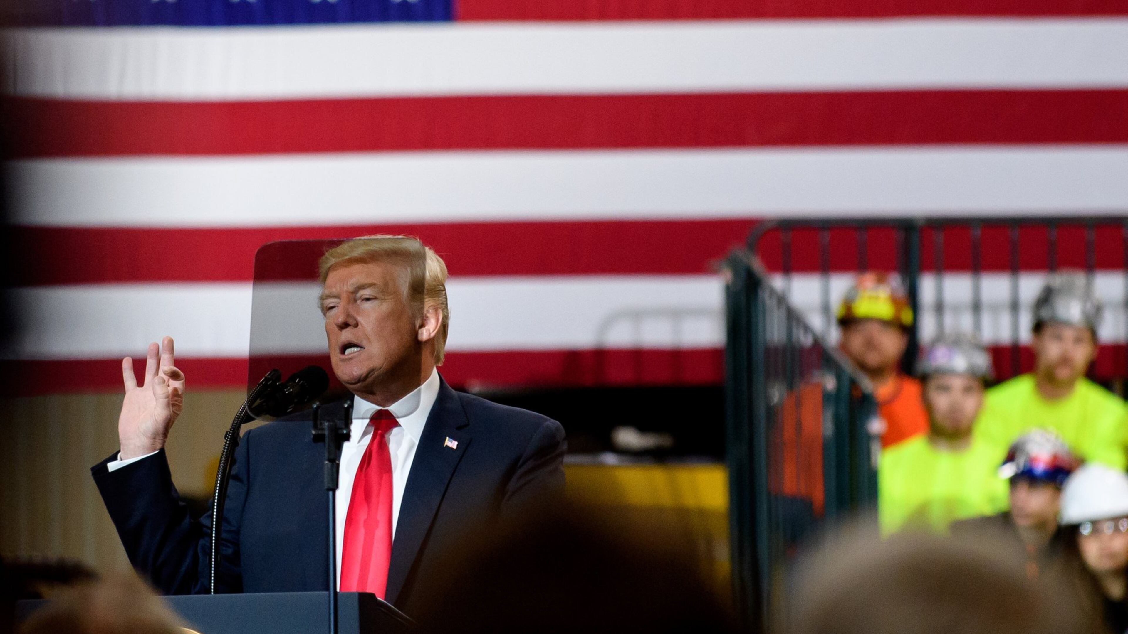 RICHFIELD, OHIO - MARCH 29: U.S. President Donald Trump speaks to a crowd gathered at the Local 18 Richfield Facility of the Operating Engineers Apprentice and Training, a union and apprentice training center specializing in the repair and operation of heavy equipment on March 29, 2018 in Richfield, Ohio. President Trump’s remarks centered upon infrastructure investment in the economy and labor statistics. (Photo by Jeff Swensen/Getty Images)