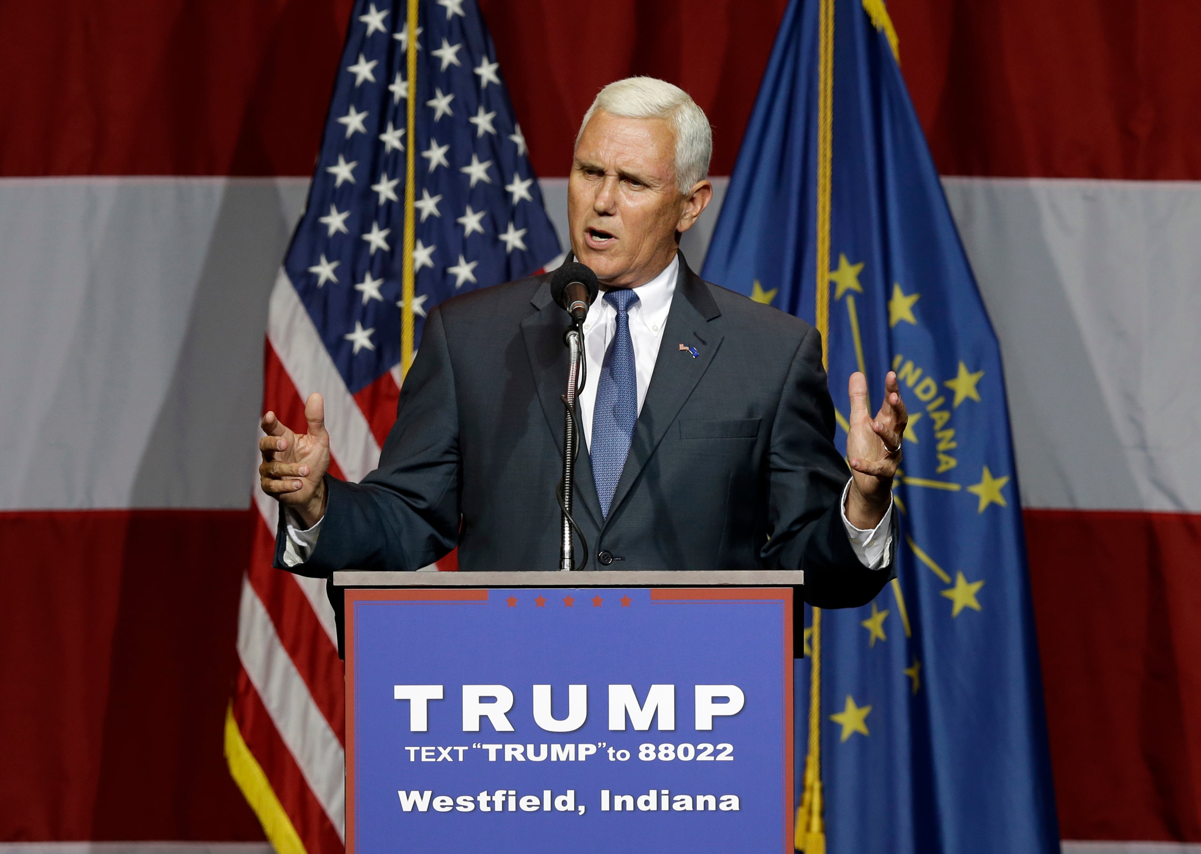 Indiana Gov. Mike Pence introduces Republican presidential candidate Donald Trump at a rally in Westfield, Ind., Tuesday, July 12, 2016. (AP Photo/Michael Conroy)