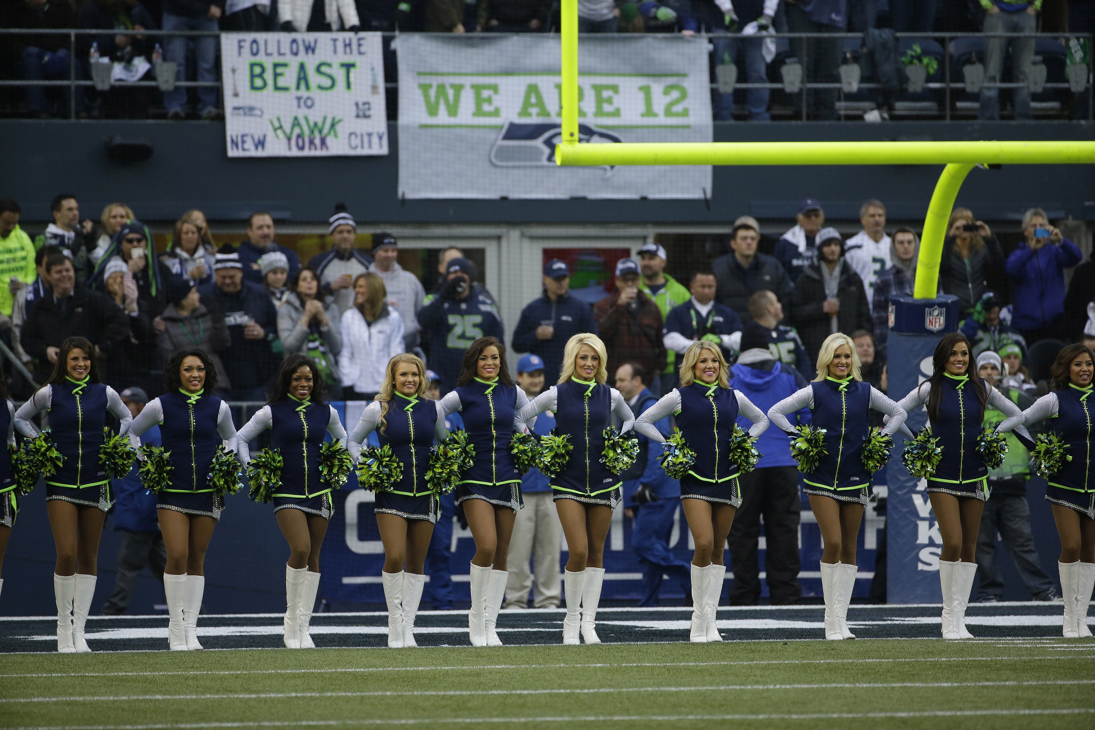 Seattle Seahawks cheerleaders perform during the first half of the NFL football NFC Championship game against the San Francisco 49ers on Jan. 19, 2014, in Seattle.