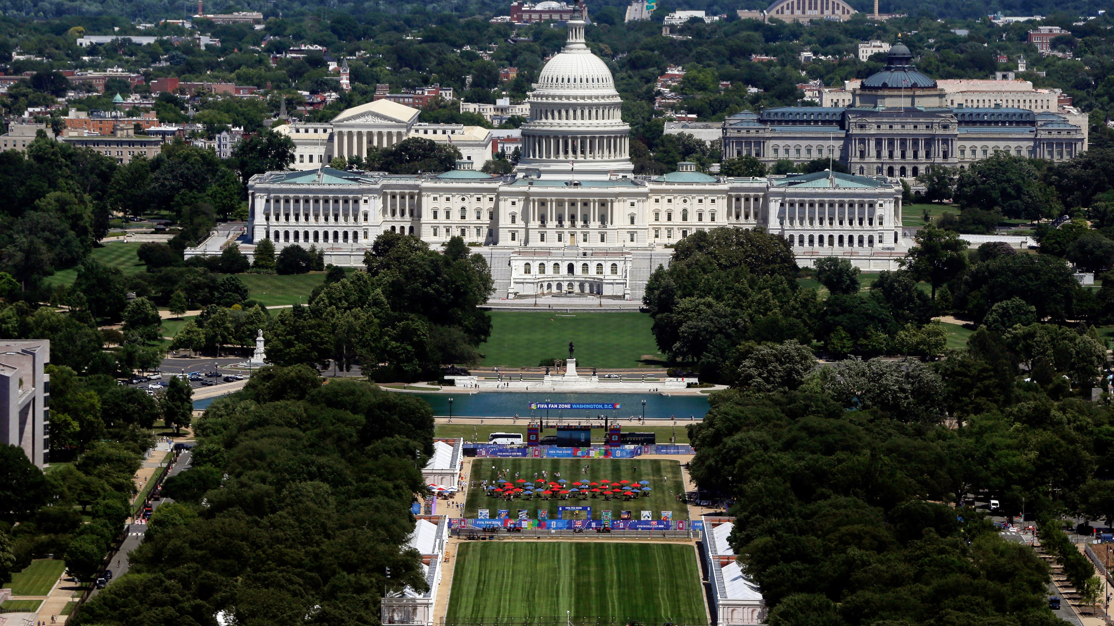 The U.S. Capitol and National Mall are seen as the set up for the America 250 celebration, in Washington, Saturday, June 13, 2026. (AP Photo/Rahmat Gul)