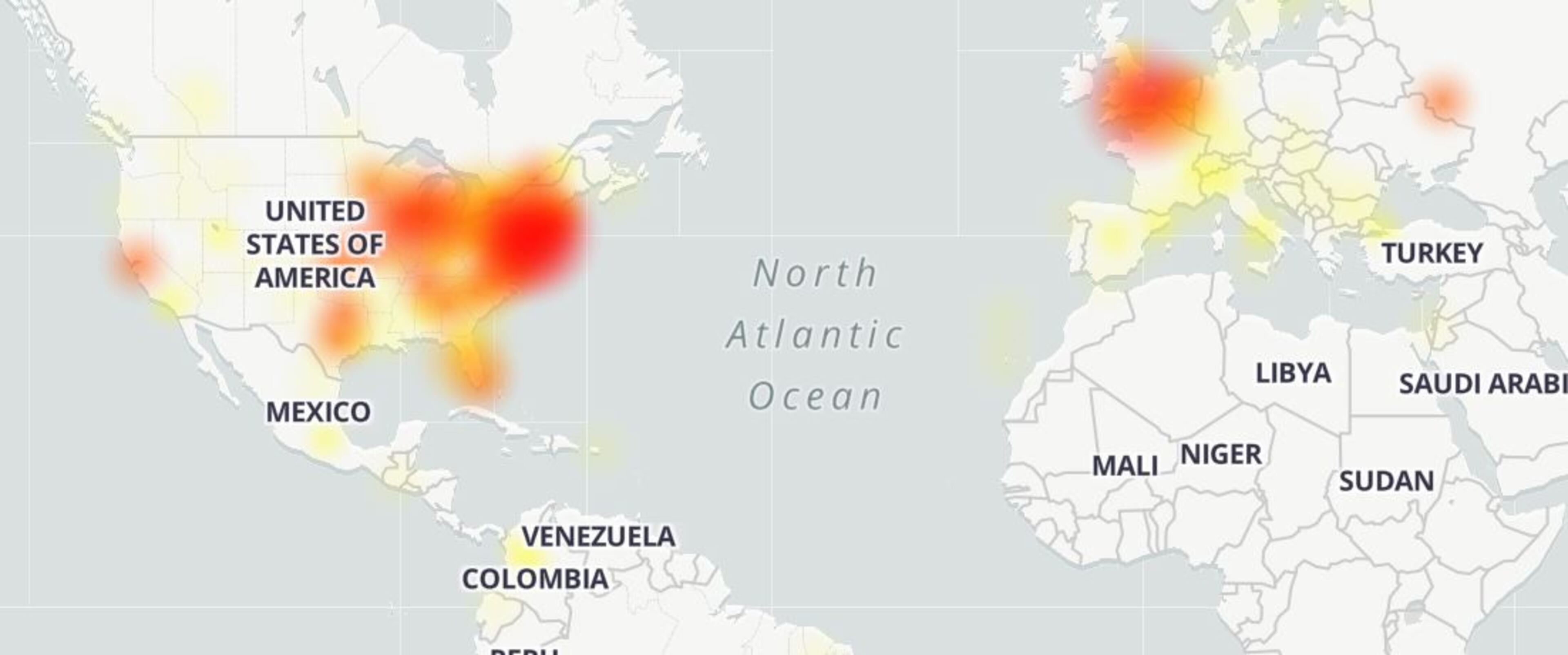 A map of the outages reported in the United States and parts of Europe.