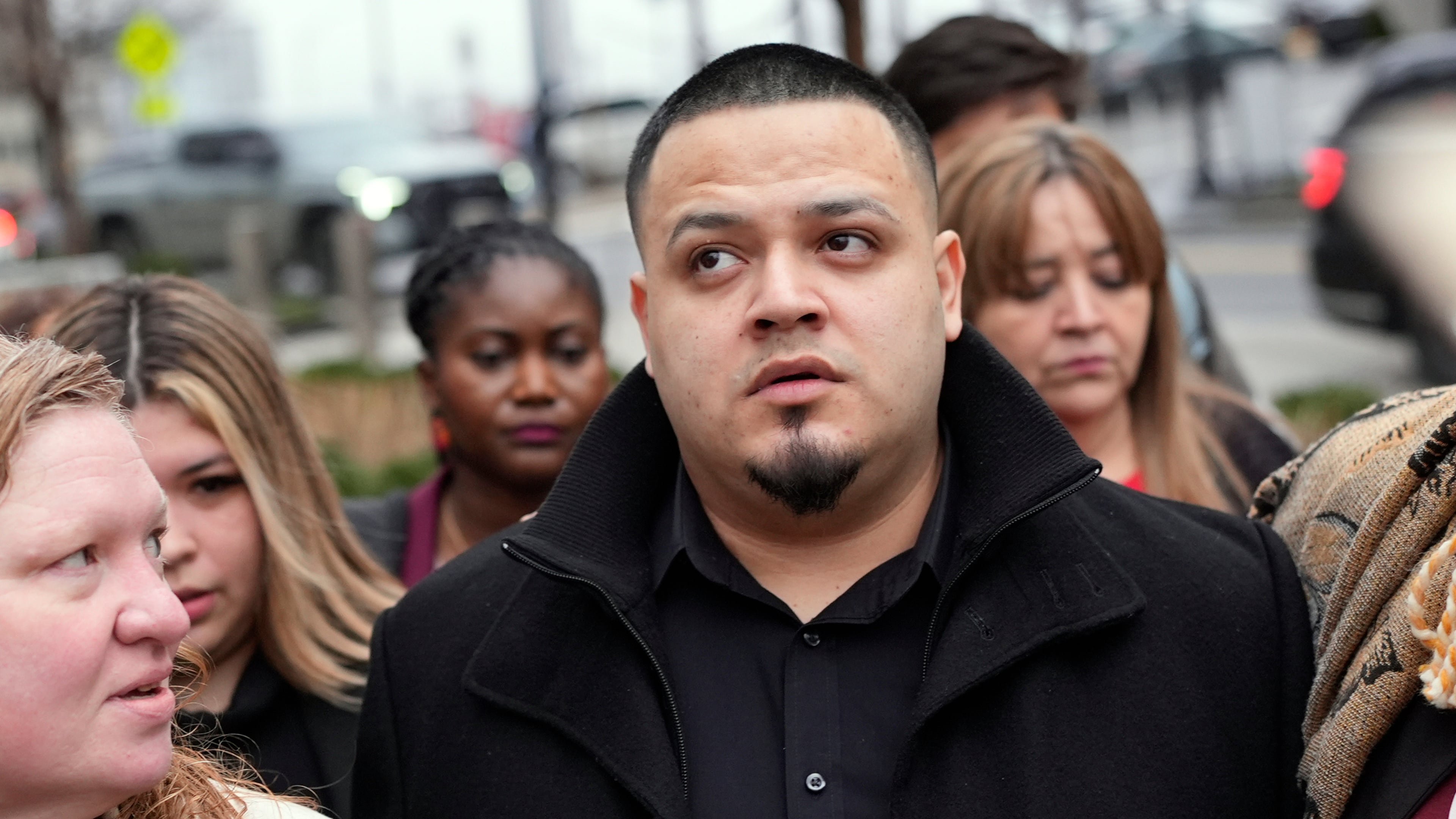 FILE - Kilmar Abrego Garcia, center, arrives at the federal courthouse Feb. 26, 2026, in Nashville, Tenn. (AP Photo/George Walker IV, File)