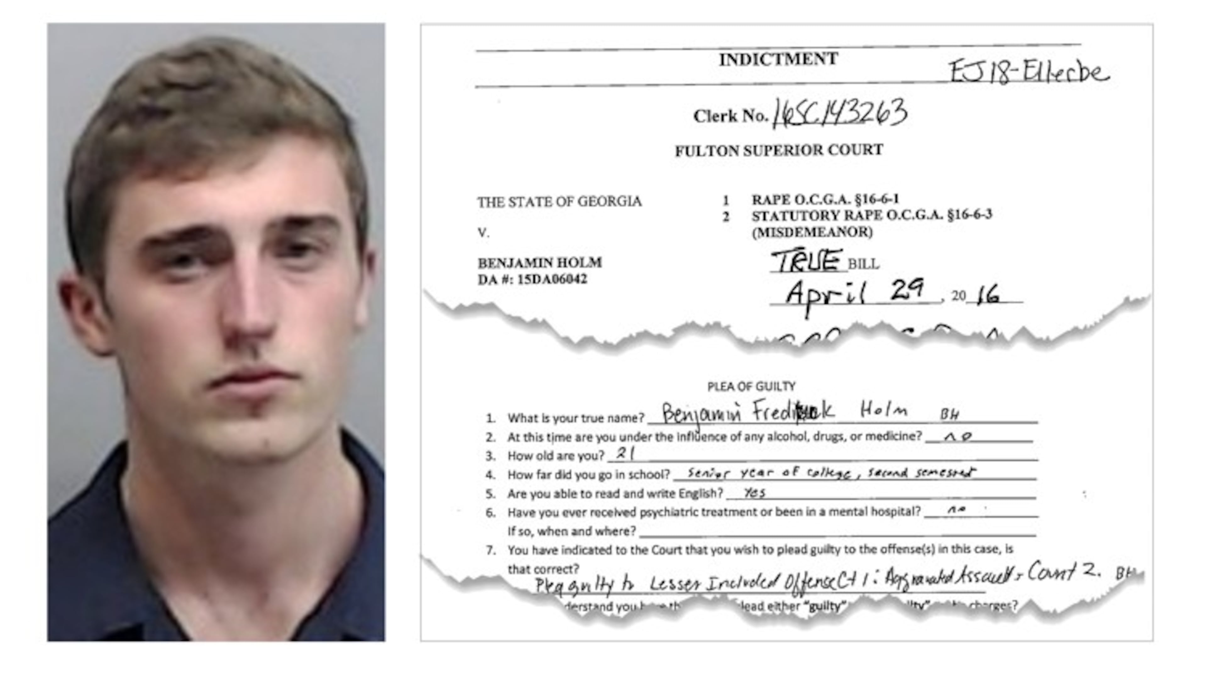 At right, the first page of the rape indictment against Benjamin Holm and a fragment of his guilty plea. At left, Holm’s mugshot from the Fulton County Sheriff’s Office.