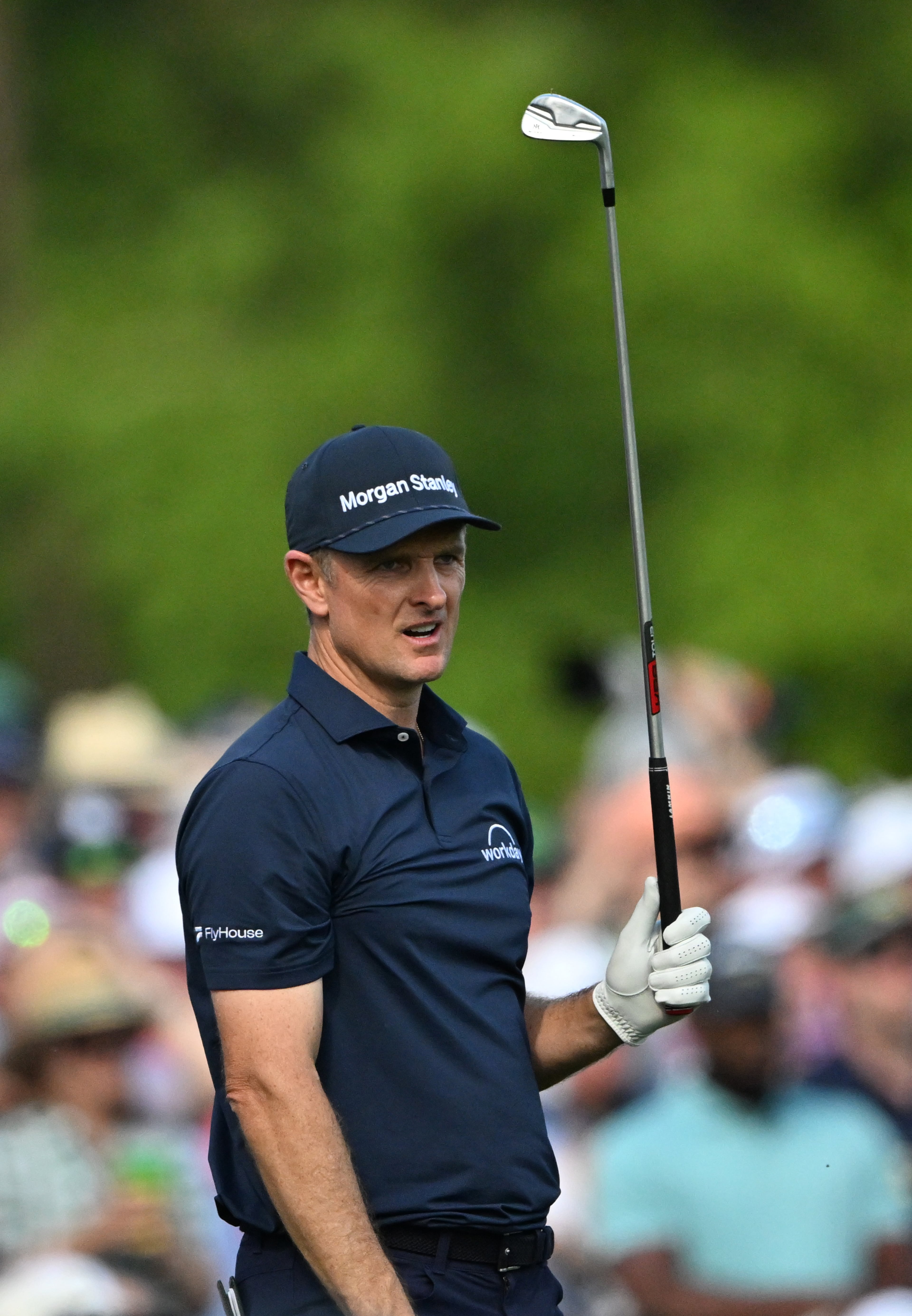Justin Rose follows his tee shot on 12th hole during final round of the Masters, at Augusta National Golf Club, Sunday, April 12, 2026, in Augusta, GA (Hyosub Shin/AJC)