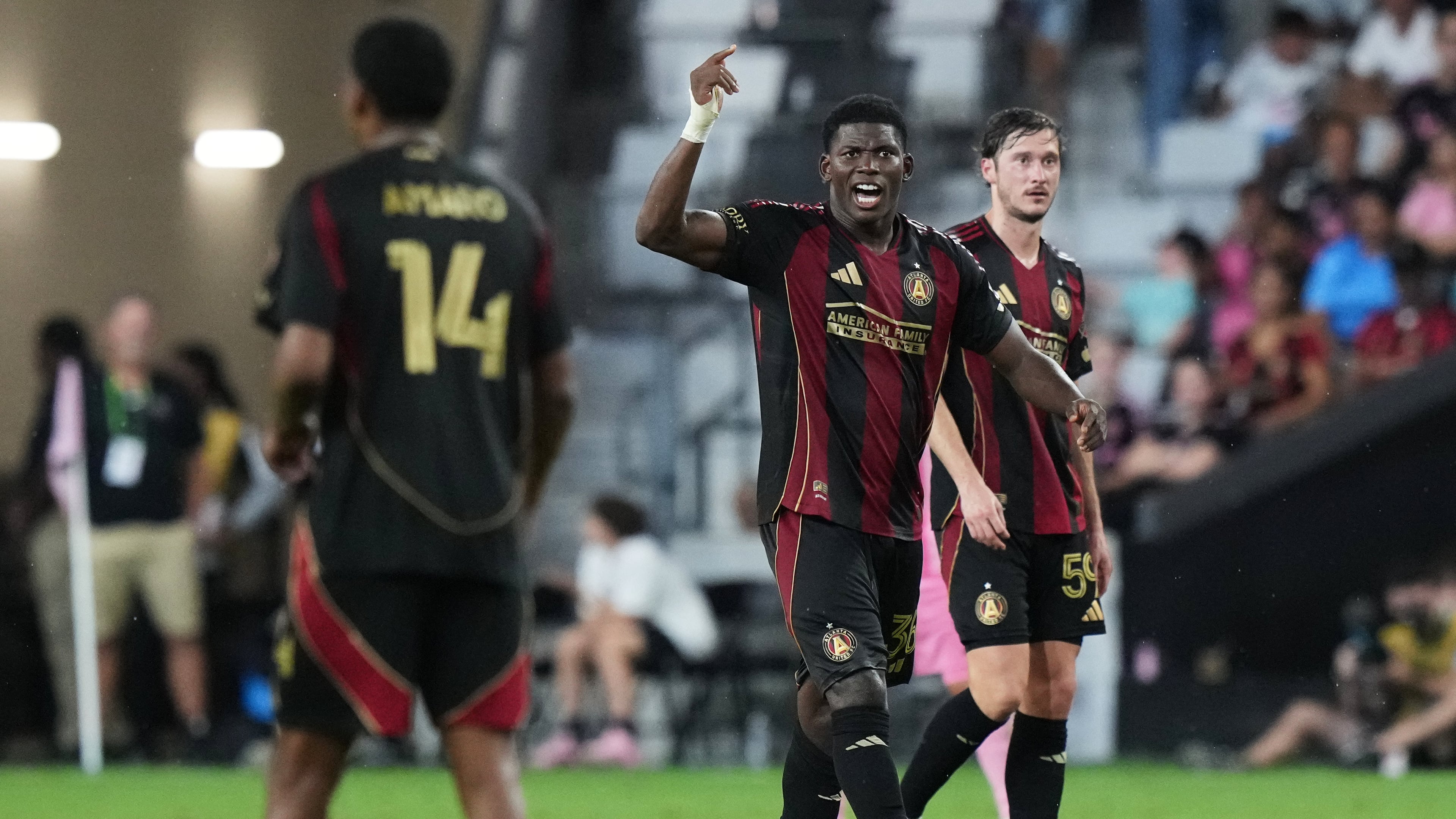 Atlanta United forward Breel Embolo celebrates after making a penalty kick during the second half of an MLS soccer match against Inter Miami, Saturday, Sept. 5, 2026, in Miami. (AP Photo/Lynne Sladky)