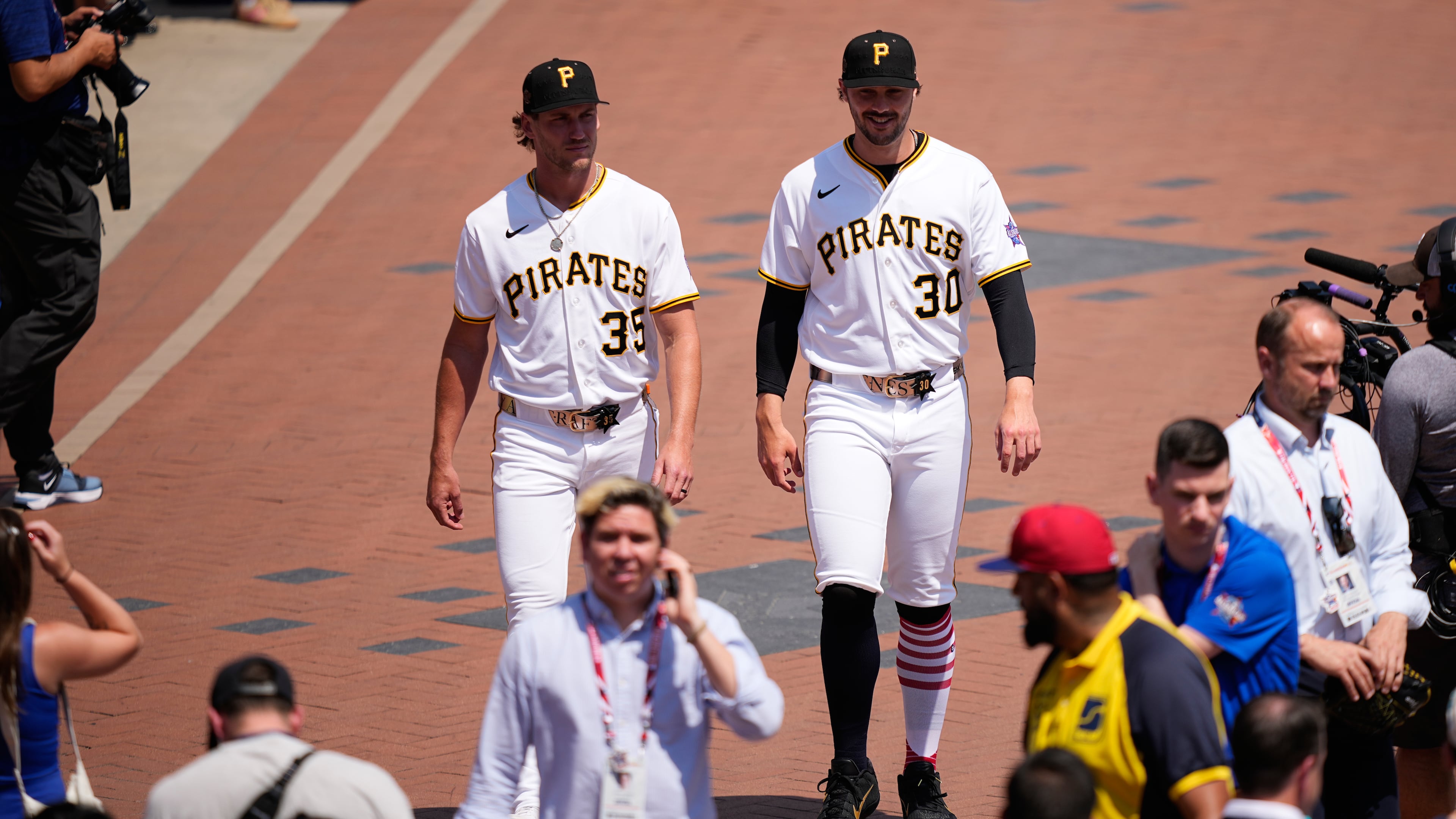 Pittsburgh Pirates' Braxton Ashcraft, left, and Paul Skenes arrive to speak with the media during the MLB baseball All-Star Week, Monday, July 13, 2026, in Philadelphia. (AP Photo/Matt Slocum)