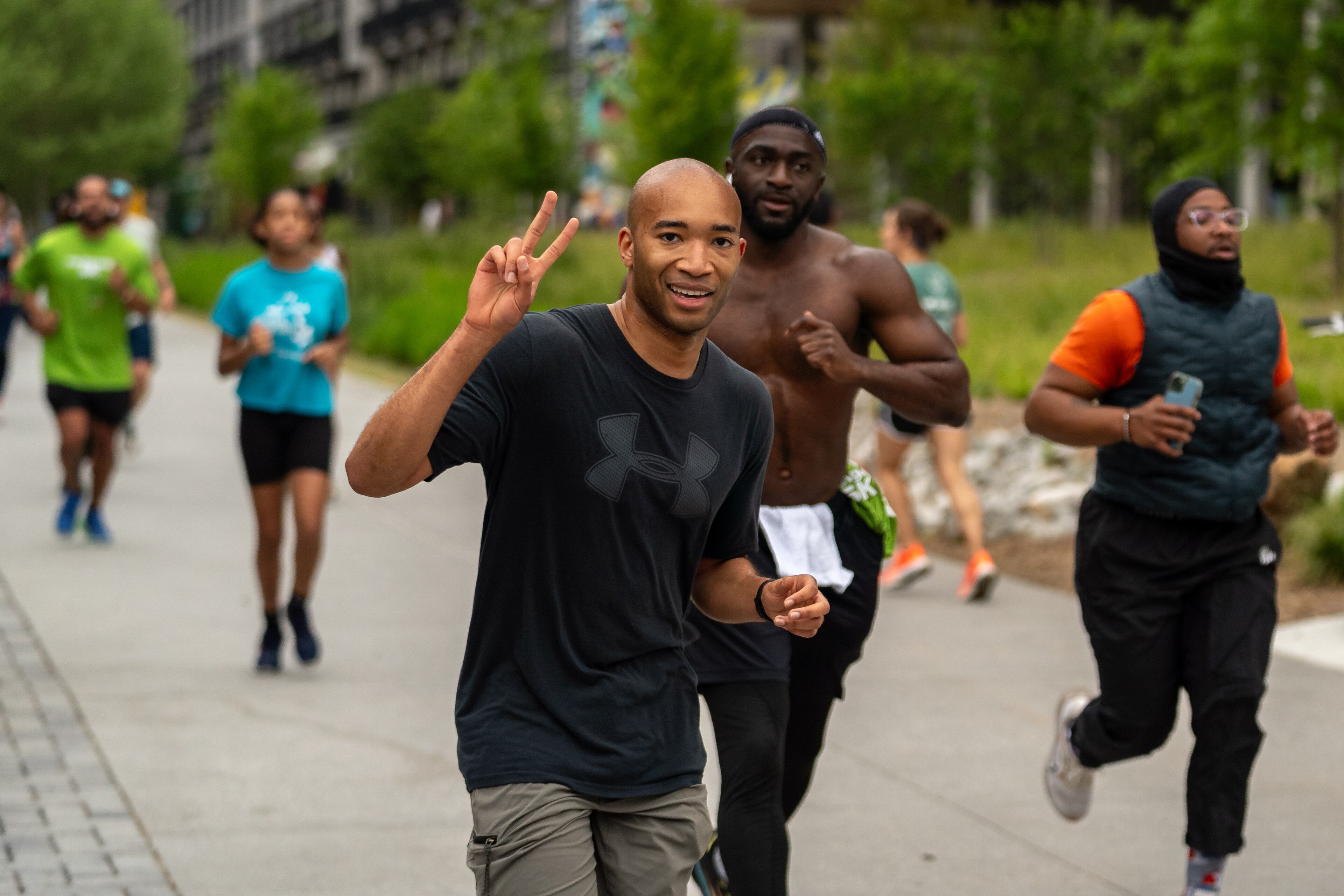 Runners gathered for the first annual Earthgang 5k run on Atlanta's Eastside Beltiline on Saturday, April 17, 2024. Atlanta rap duo Earthgang organized the free through their namesake non-profit foundation, which focuses on sustainability and environmental conservation. (Ben Hendren for The Atlanta Journal-Constitution)