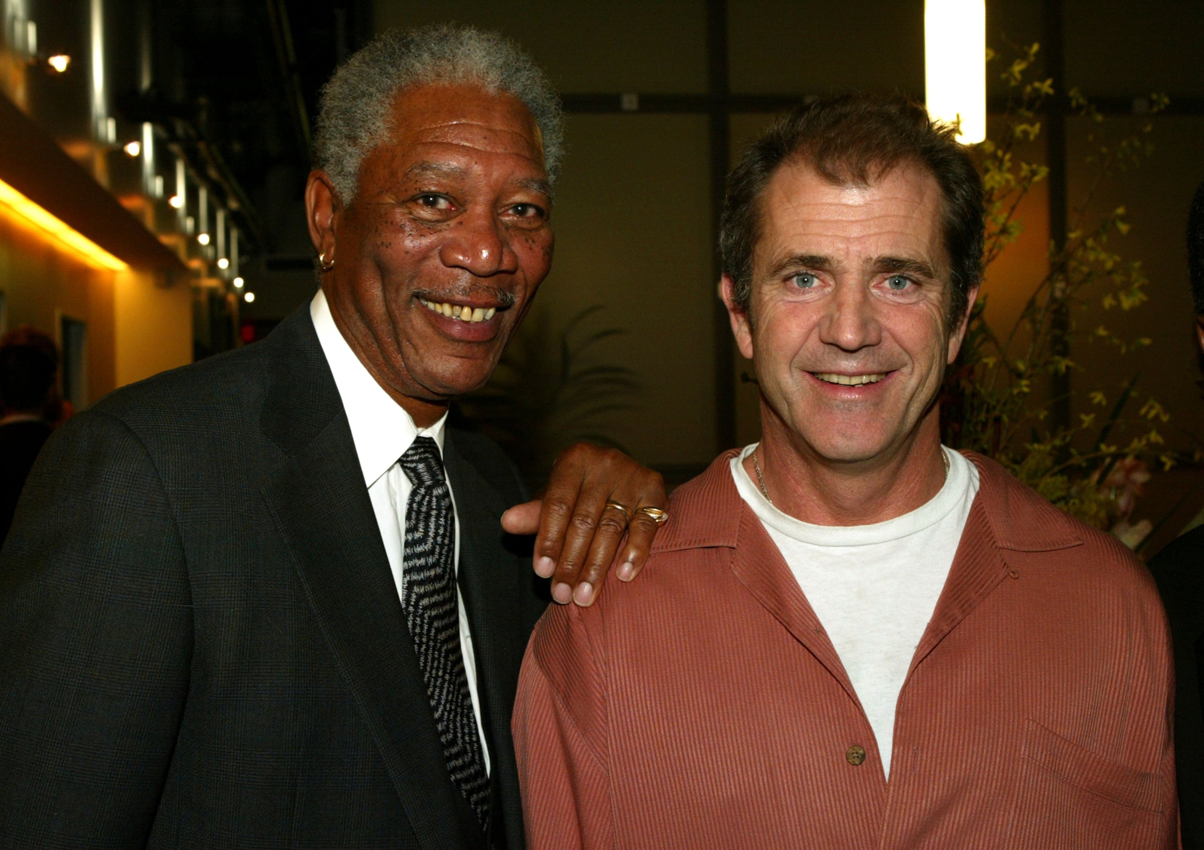 SANTA MONICA, CA - JANUARY 18: Actors Morgan Freeman and Mel Gibson are seen at the Revalations Entertainment Party on January 18, 2005 in Santa Monica, California. (Photo by Kevin Winter/Getty Images)