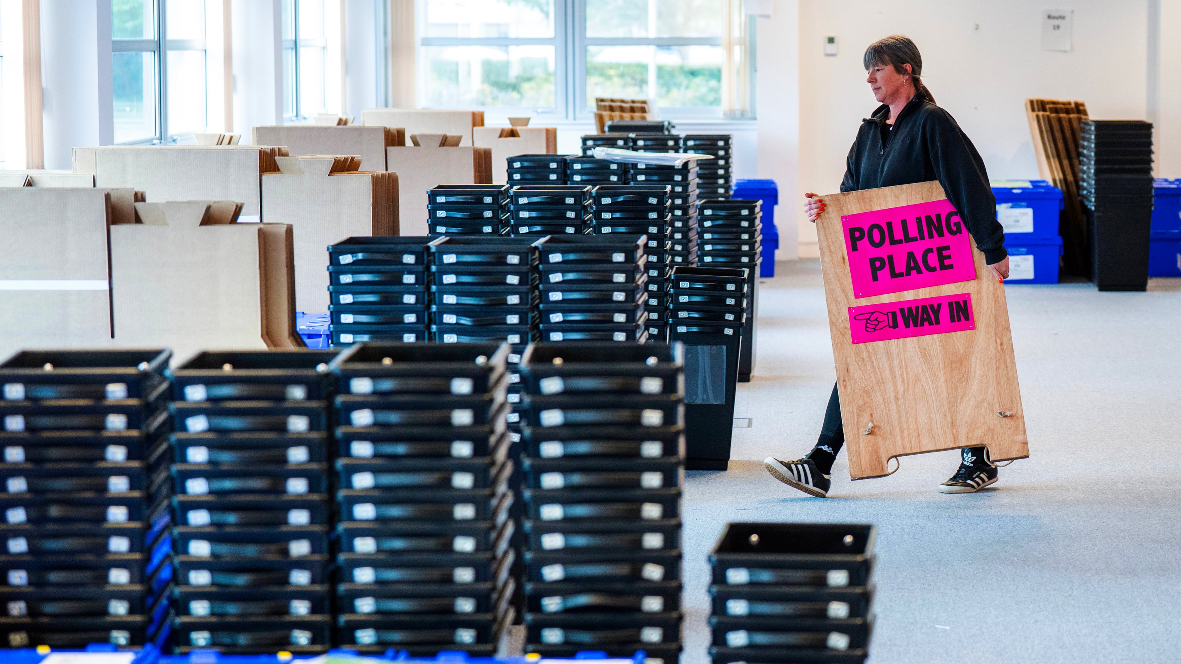 Ballot boxes and signs are dispatched to polling stations around Edinburgh from Edinburgh City Council's storage area at the Sirius Building in the west of the city ahead of the Scottish Elections on May 7, in Edinburgh, Scotland, Wednesday, May 6, 2026. (Jane Barlow/PA via AP)