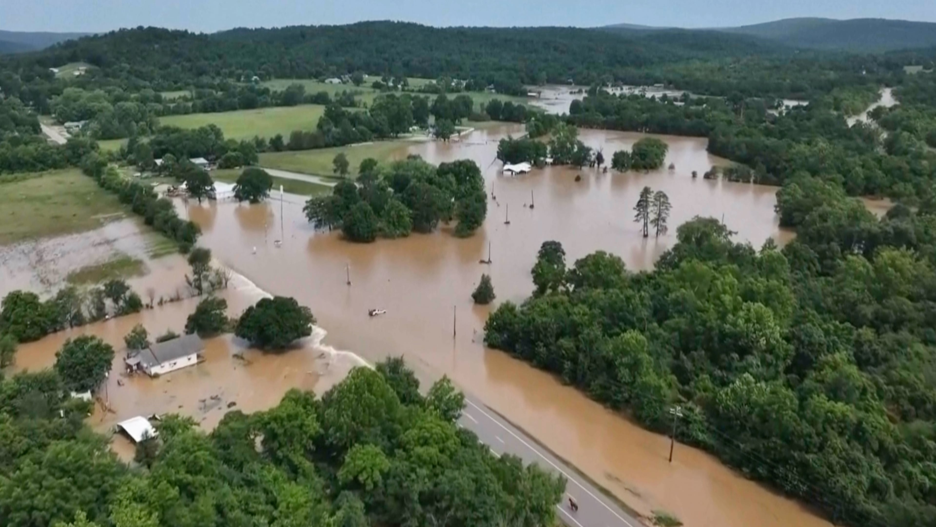 This image made from video provided by KTVI shows flash flooding in Lesterville, Mo., Friday, July 10, 2026. (KTVI via AP)