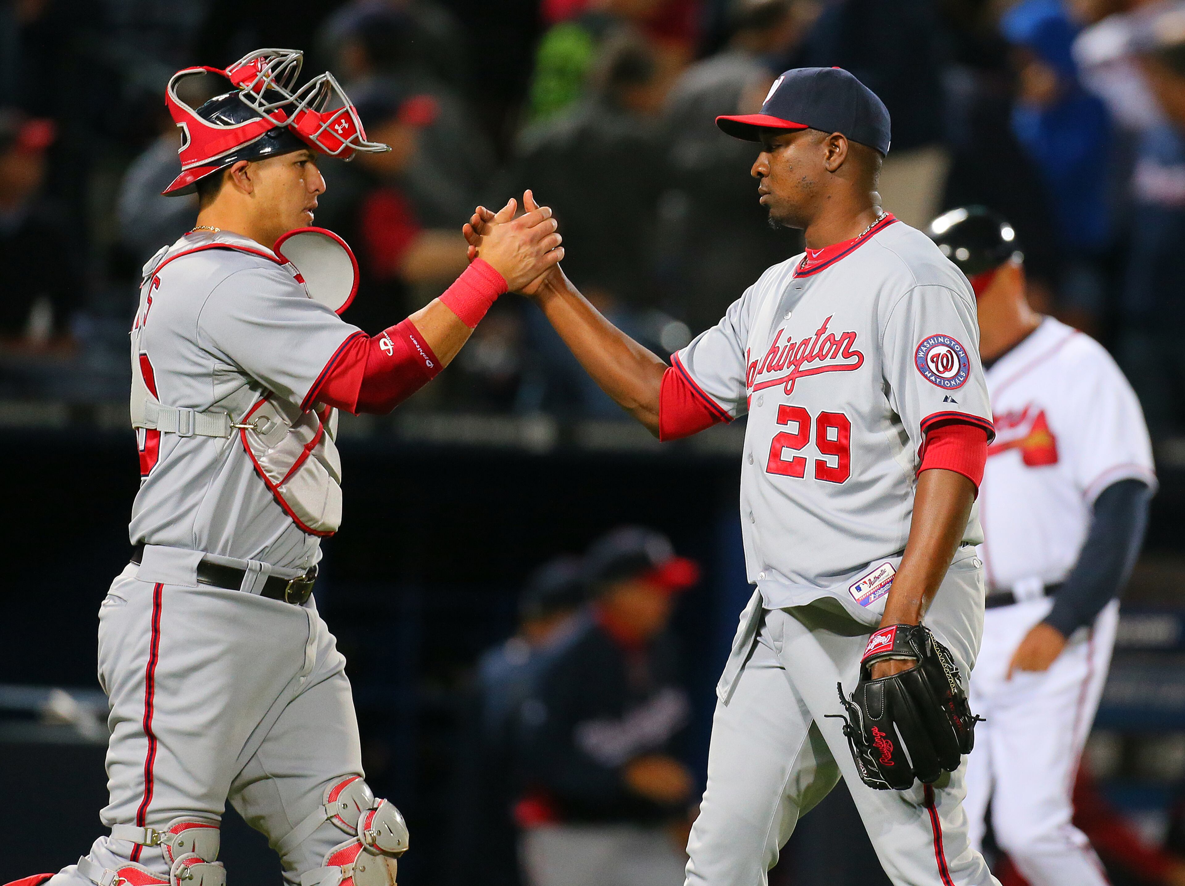Nationals closer Rafael Soriano celebrates with catcher Wilson Ramos.