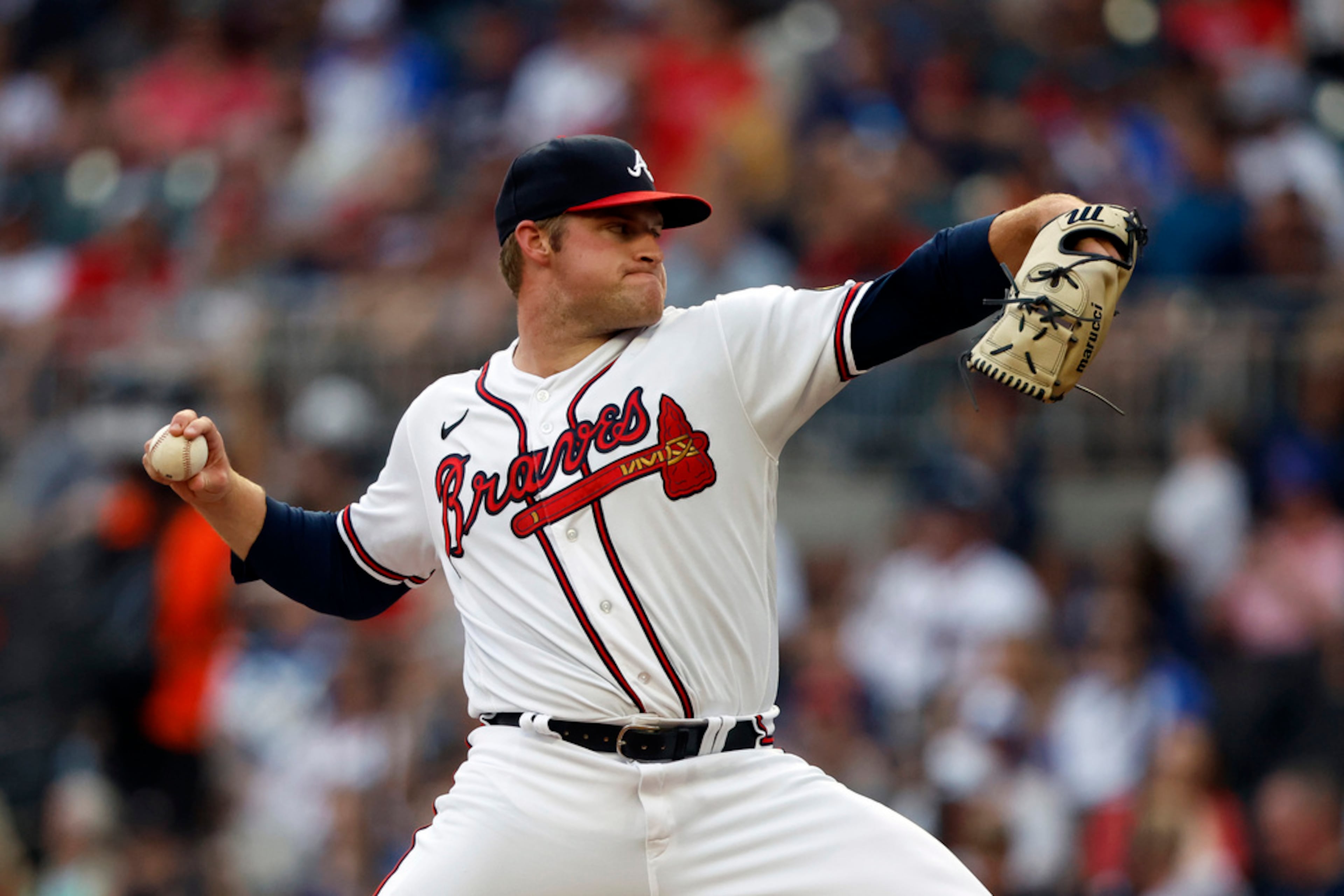 Atlanta Braves starting pitcher Bryce Elder throws against the New York Mets, Tuesday, Aug. 22, 2023, in Atlanta. The Braves won 3-2. (AP Photo/Butch Dill)