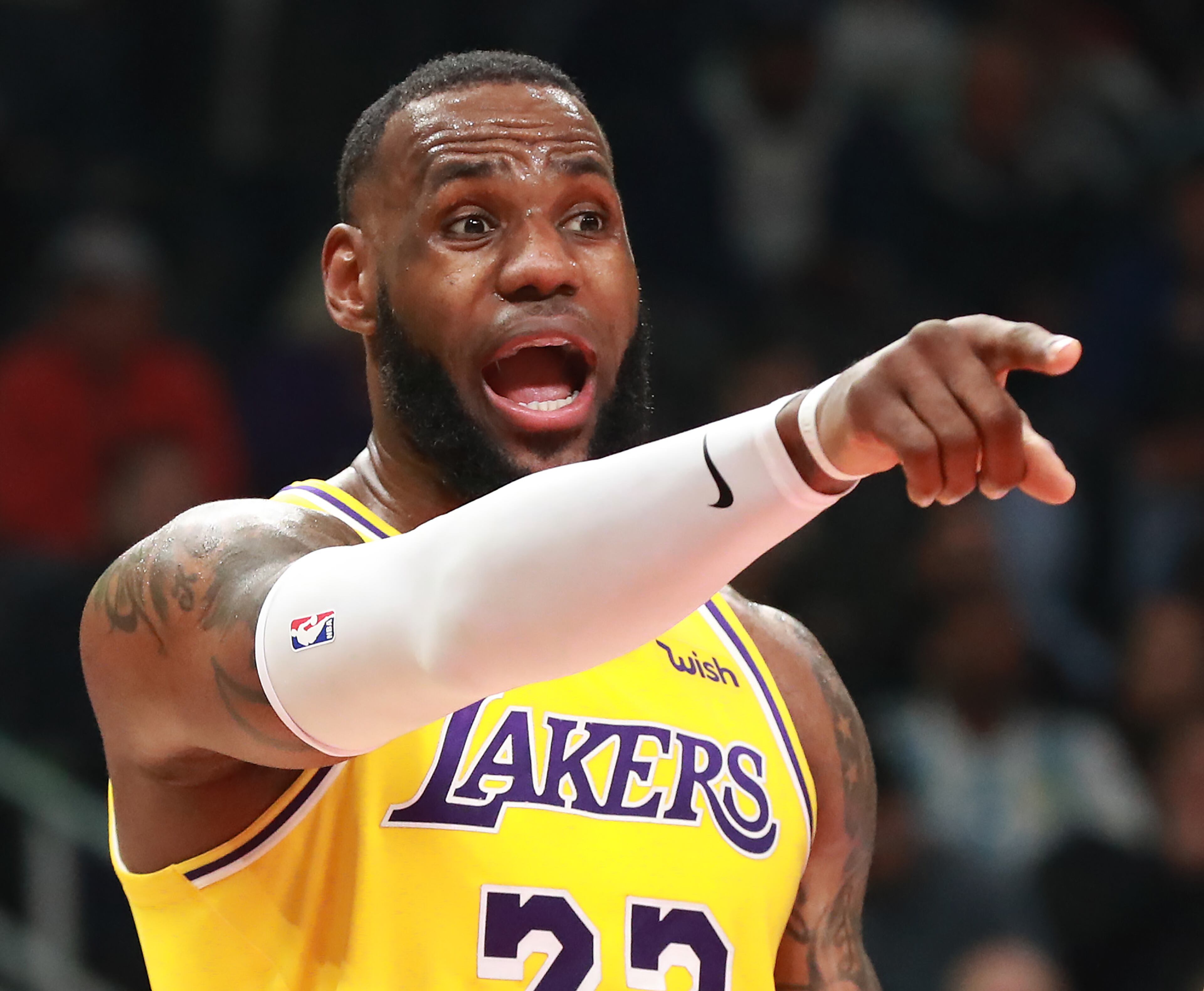 Feb. 12, 2019 Atlanta: Los Angeles Lakers forward LeBron James directs his team against the Atlanta Hawks during the first half in a NBA basketball game on Tuesday, Feb. 12, 2019, in Atlanta. Curtis Compton/ccompton@ajc.com