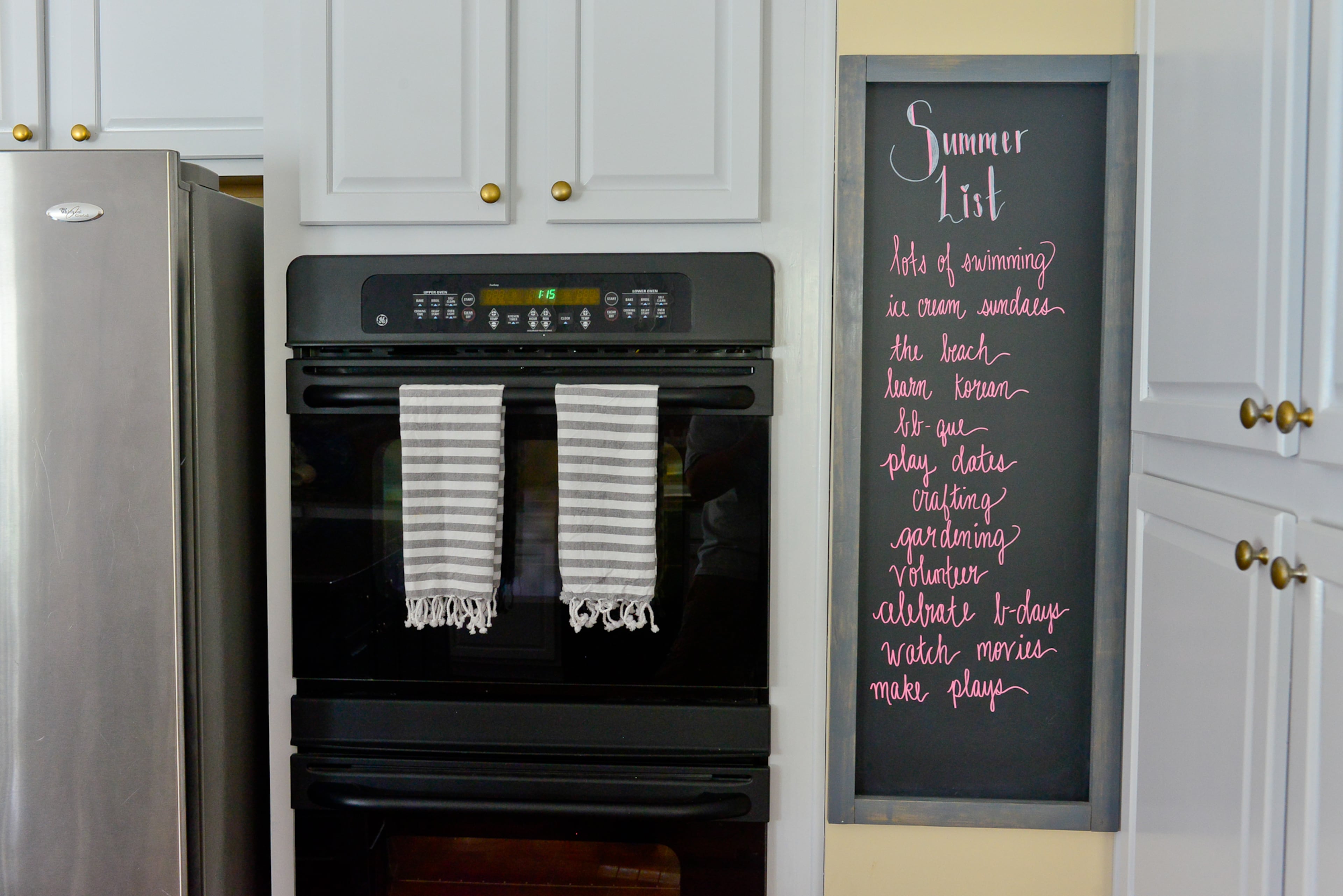 Kitchen: A chalkboard in the kitchen gives a place to dream up fun things to do in the summer, as well as to keep track of grocery items and other messages.