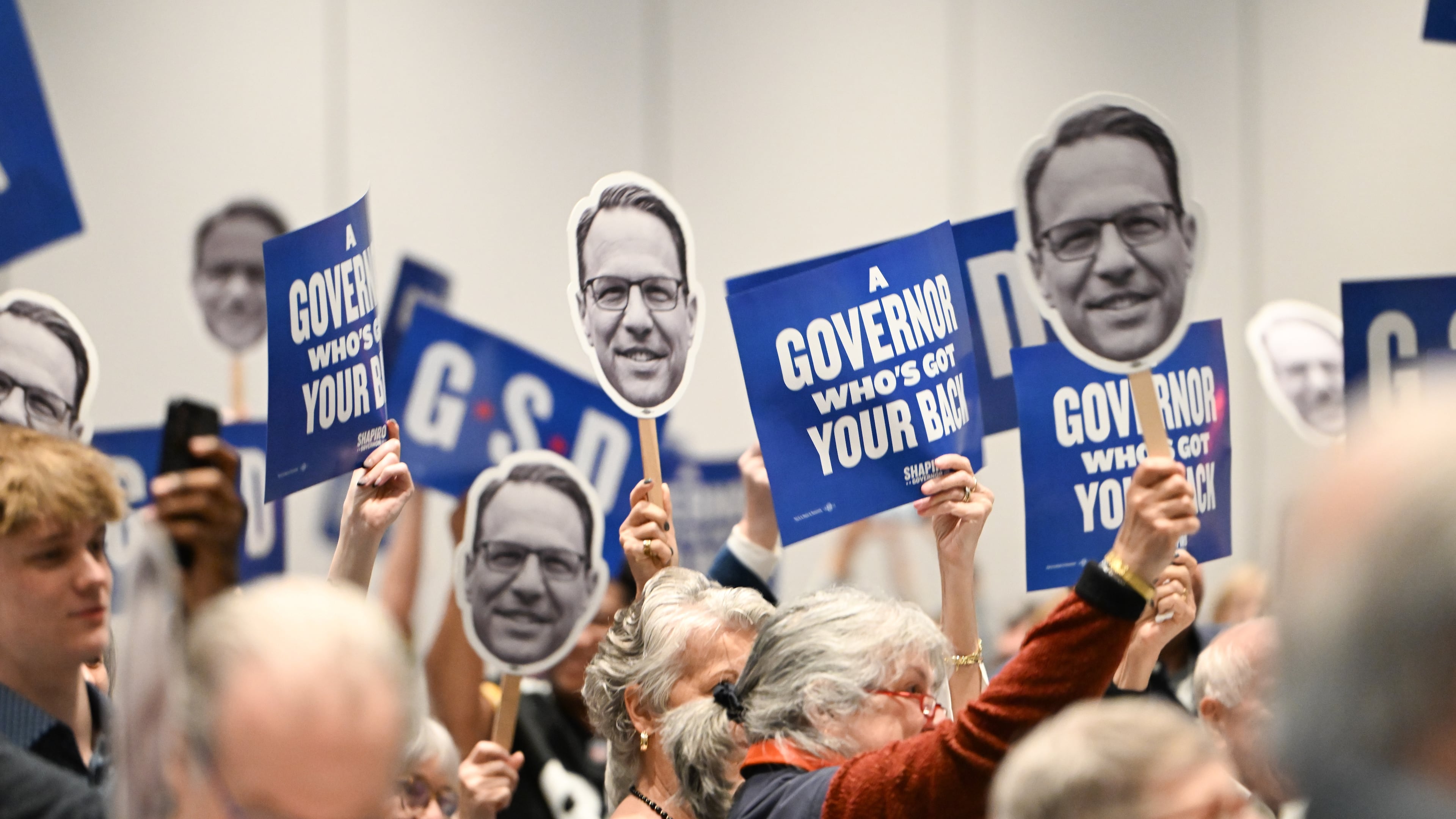 FILE - The crowd reacts to Pennsylvania Gov. Josh Shapiro while he speaks at a Centre County Democratic Party event at the Penn Stater hotel, April 11, 2026, in State College, Pa. (AP Photo/Marc Levy, File)