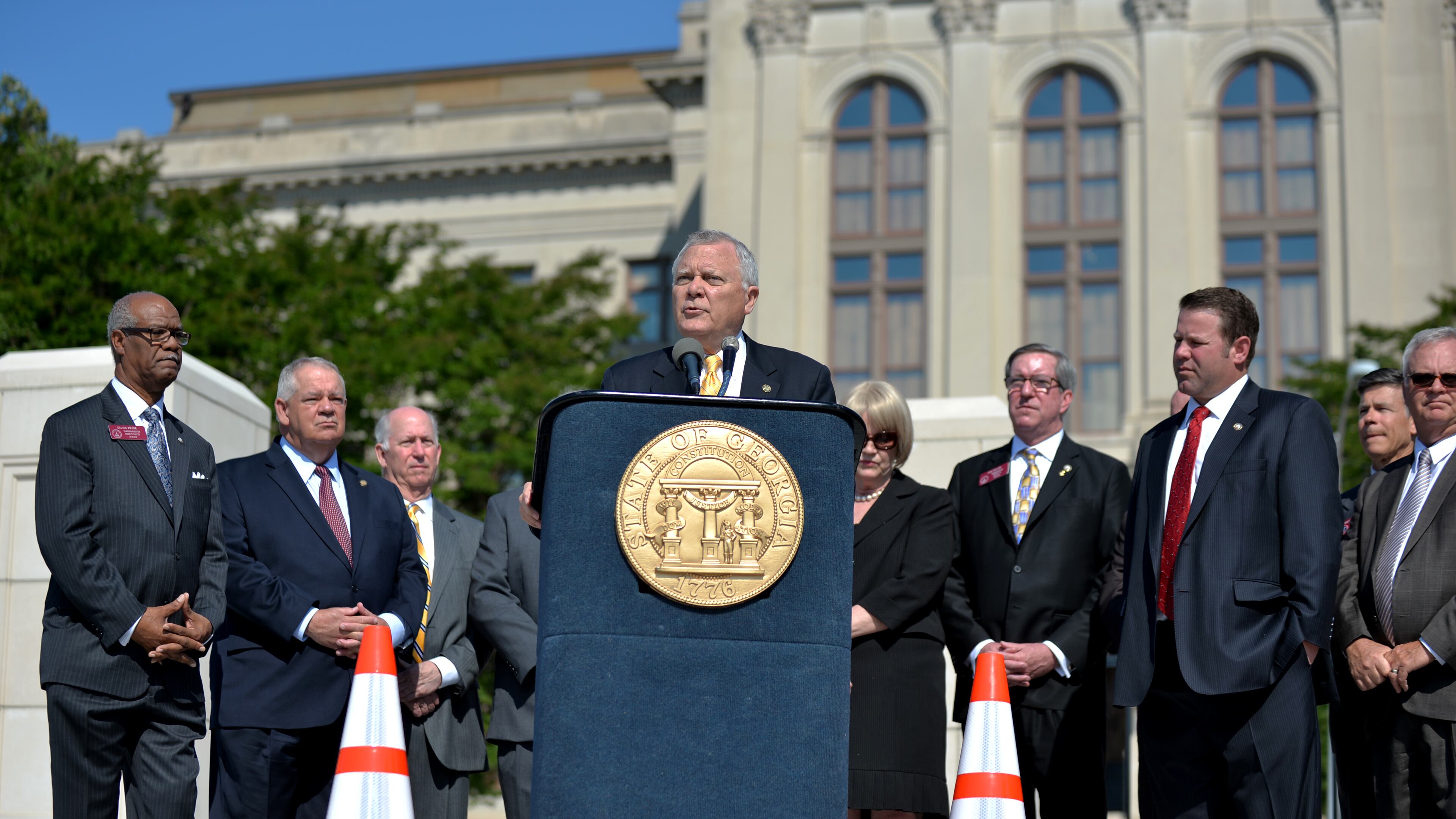 April 4, 2015 Atlanta: Gov. Nathan Deal speaks at Liberty Plaza befogging singing a $900 million transportation bill Monday April 4, 2015. BRANT SANDERLIN/BSANDERLIN@AJC.COM