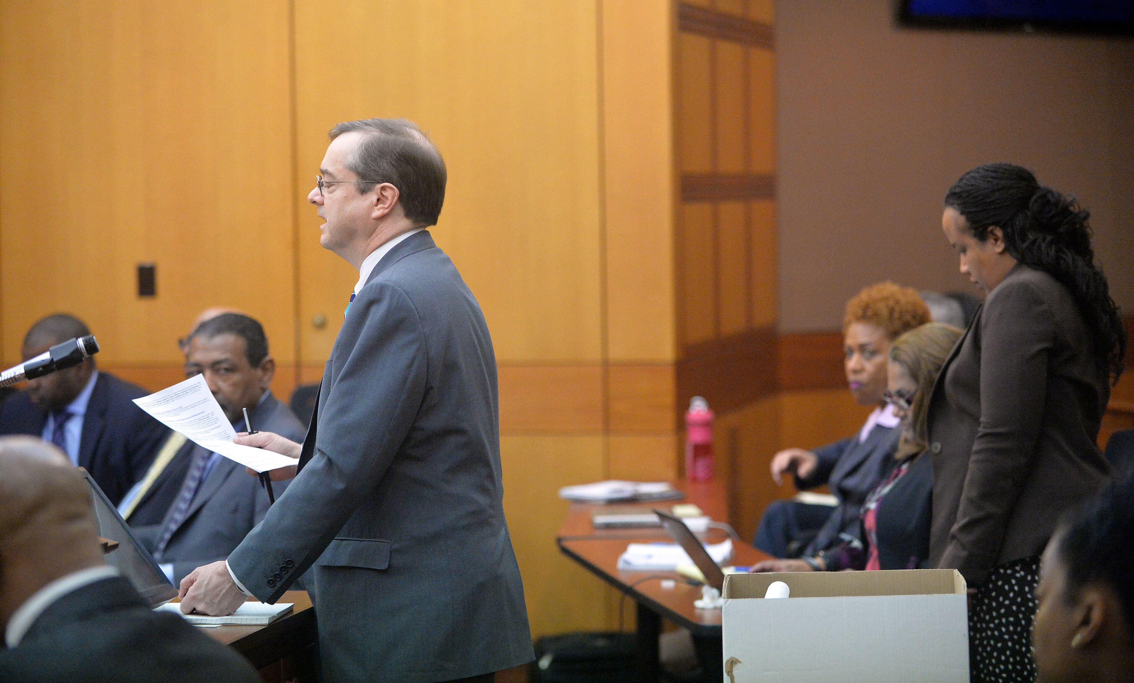 Fulton County prosecutor John Floyd explains the state's position on a question from the jury Wednesday during the jury's fourth day of deliberations in the Atlanta Public Schools test-cheating trial. (Atlanta Journal-Constitution, Kent D. Johnson, Pool)