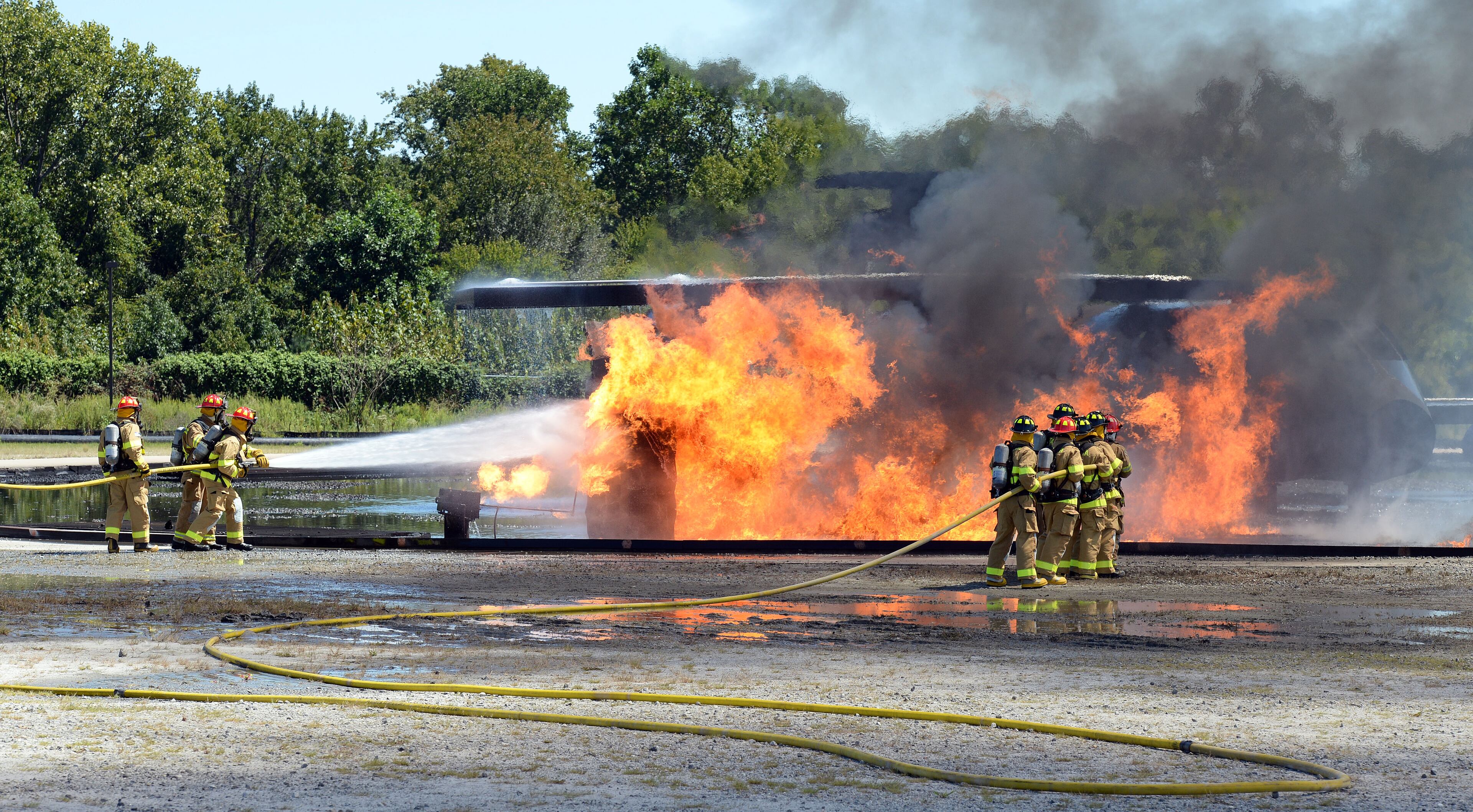 SEPTEMBER 14, 2015 ATLANTA Atlanta Fire Rescue Department firefighters hosted live fire training for attendees at the Aircraft Rescue Fire Fighting (ARFF) Conference, Monday, September, 14, 2015. Firefighters from across the world, battled a simulated fire in an engine and landing gear and also a cascade fire with wing and fuel tanks. Firefighters were Atlanta this week for the 26th Annual ARFF Working Group Conference and Educational Symposium. One of the highlights of the conference was the live fire training at the Hartsfield-Jackson firefighter training site. KENT D. JOHNSON/KDJOHNSON@AJC.COM