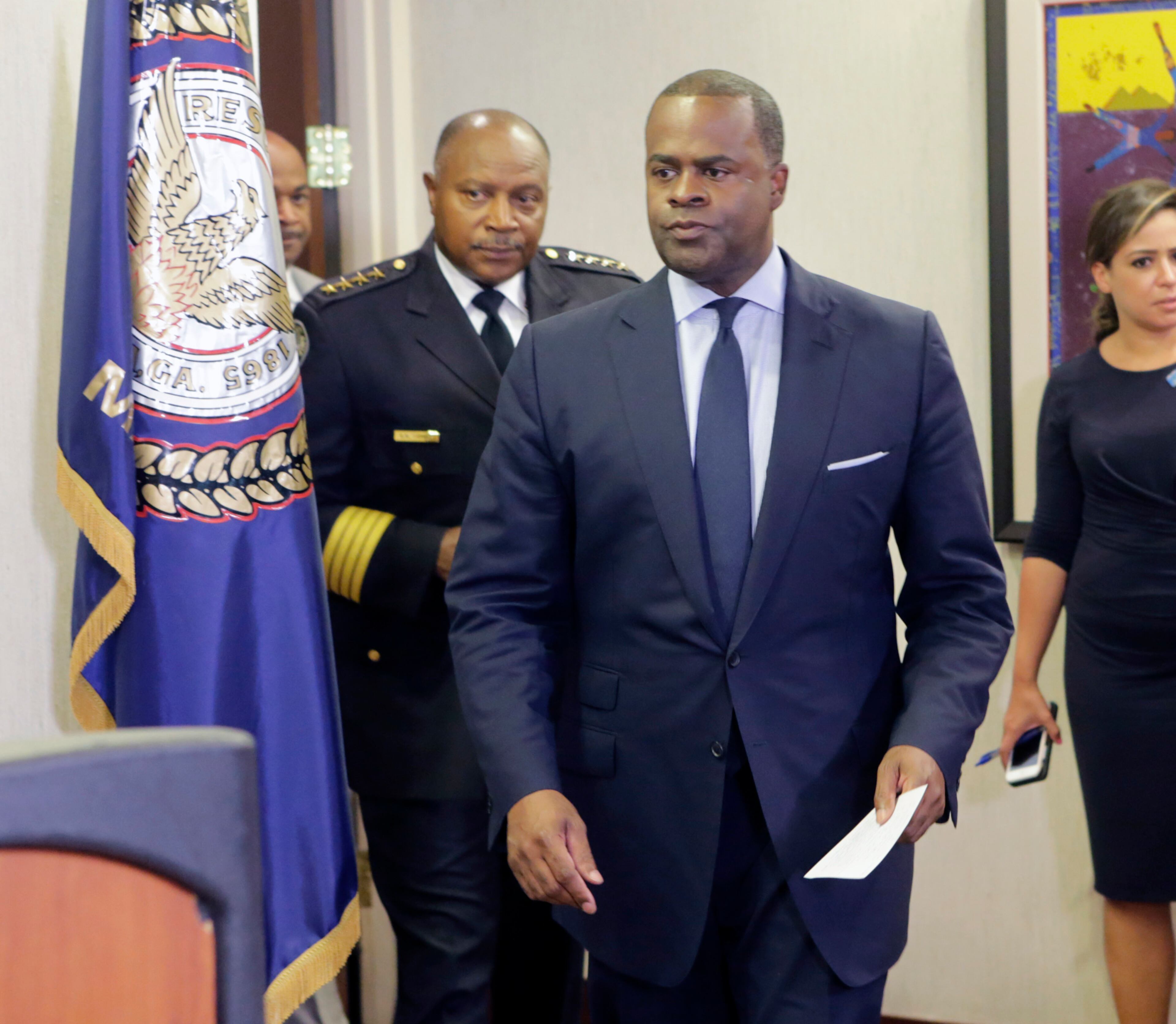 July 18, 2016 - Atlanta - Atlanta Mayor Kasim Reed, followed by Police Chief George Turner arrives for a press briefing after he met with Black Lives matters protesters on Monday at City Hall. The discussion followed Reed's interaction with protesters on the streets of the city last week. BOB ANDRES / BANDRES@AJC.COM