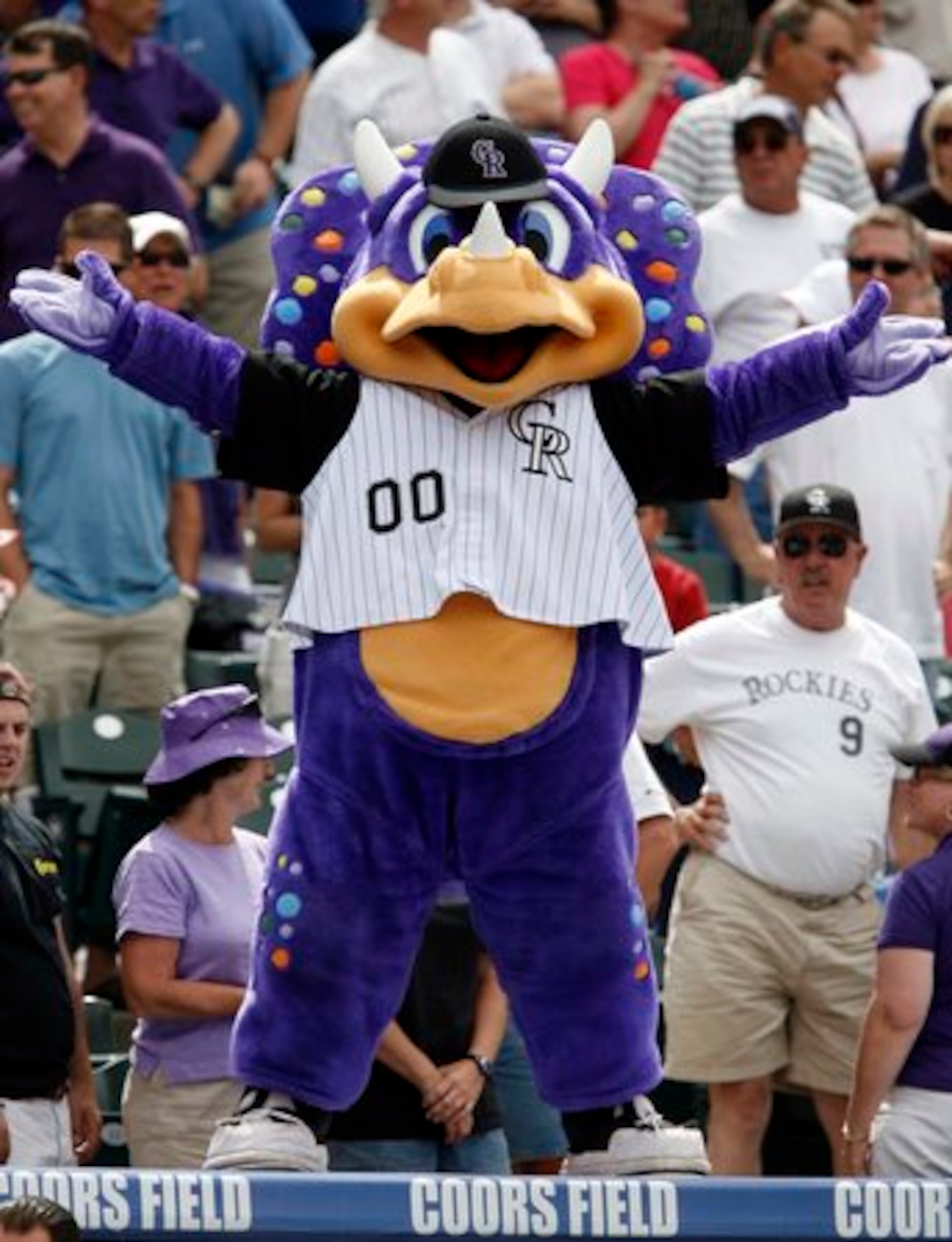 The anthropomorphic purple triceratops Dinger is the official mascot of the Colorado Rockies.