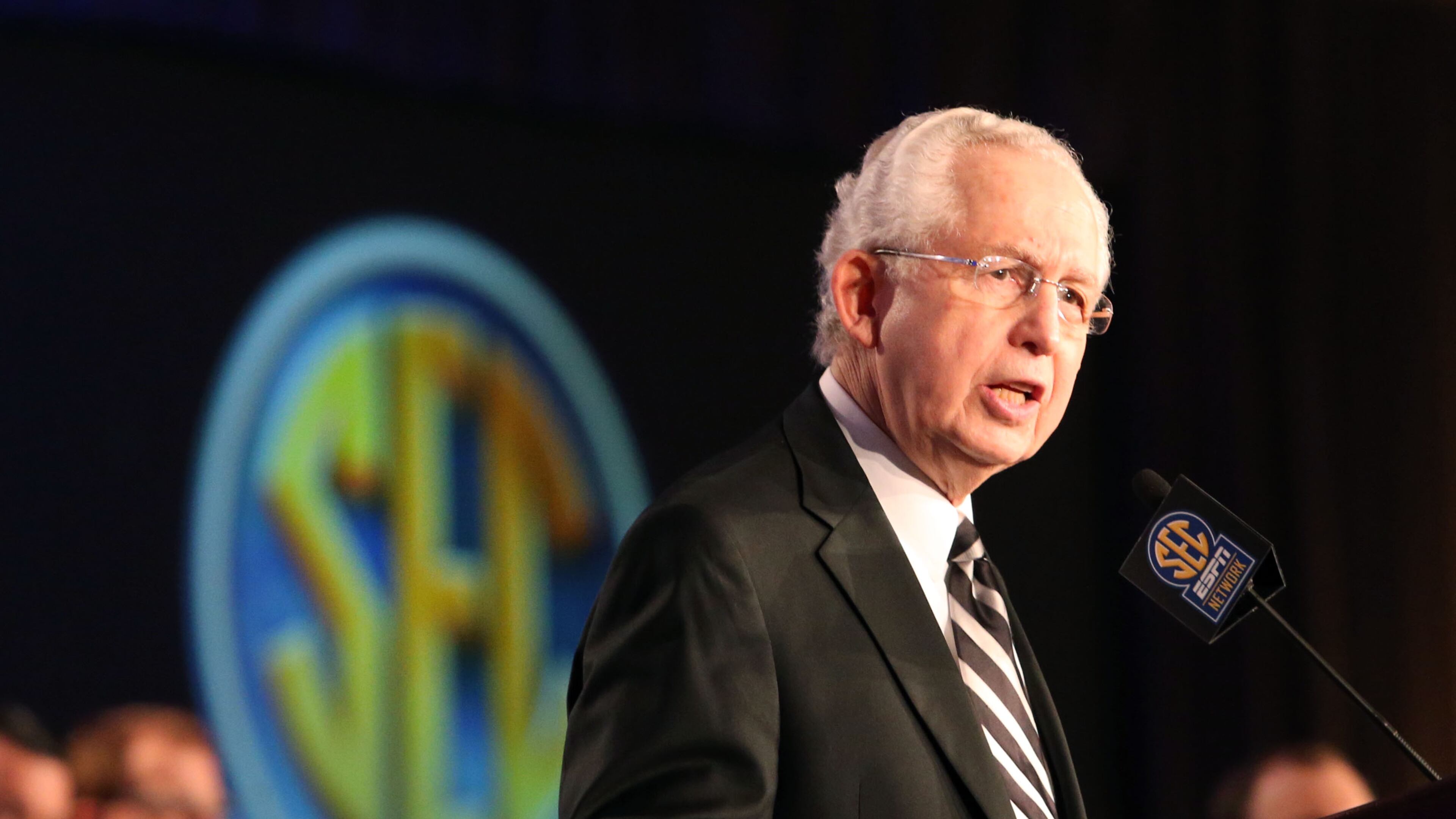 May 2, 2013 - Atlanta, Ga: SEC commissioner Mike Slive announces the SEC Network at the Hyatt Atlanta Regency Thursday afternoon in Atlanta, Ga., May 2, 2013. Over 30 coaches from the SEC were in attendance for the announcement. JASON GETZ / JGETZ@AJC.COM