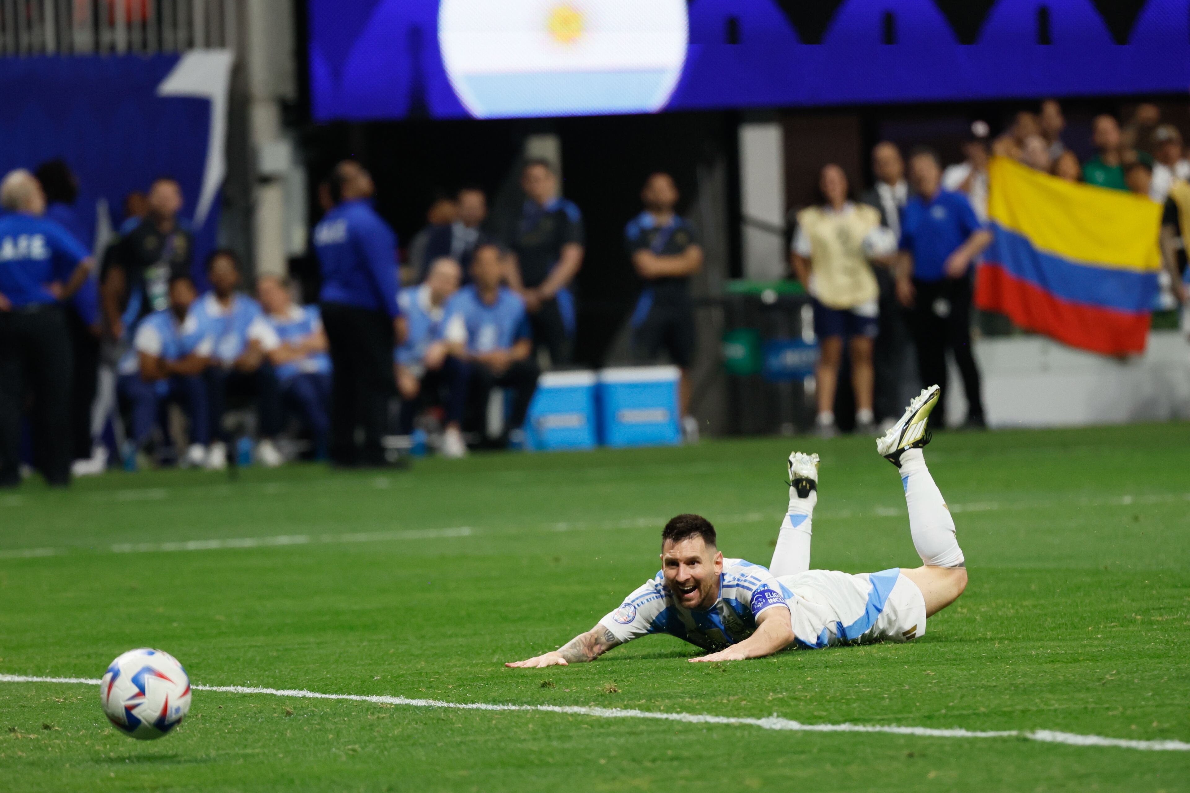 Lionel Messi (10), the Argentina forward, reacts as he sees the ball go out of bounds during the second half of the Copa America match at Mercedes-Benz Stadium on Thursday, June 20, 2024. (Miguel Martinez / AJC)