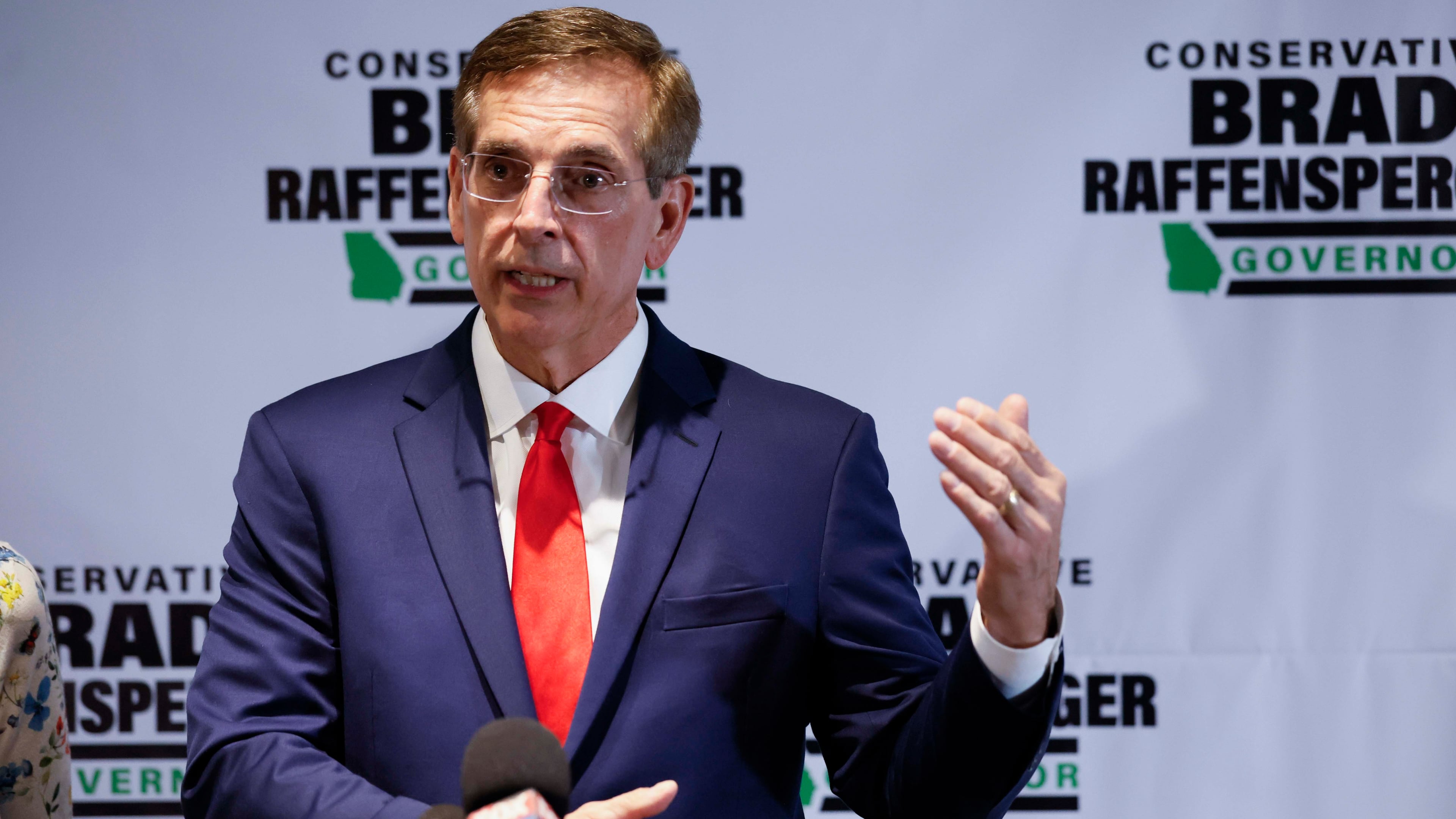 Georgia Secretary of State Brad Raffensperger delivers his concession speech in May. Raffensperger placed a distant third in the state's primary race for governor, missing a runoff. (Miguel Martinez/AJC)