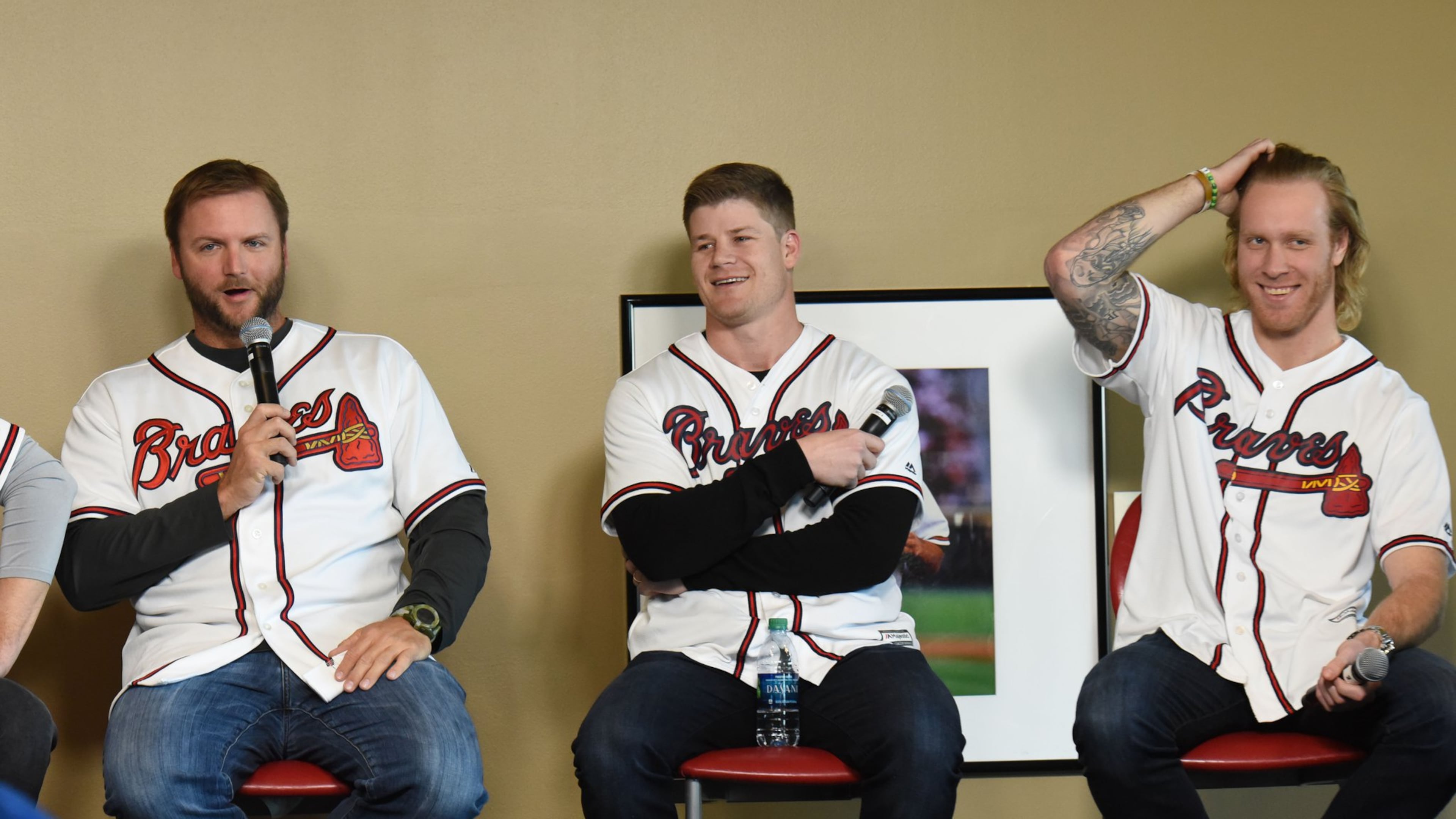 Mike Foltynewicz (right) took part in a roundtable session at Braves FanFest on Saturday. He was joined by A.J. Pierzynski (left) and Gordon Beckham. Foltynewicz is recovering from September surgery to remove part of a rib after blood clots were found in his arm. HYOSUB SHIN / HSHIN@AJC.COM