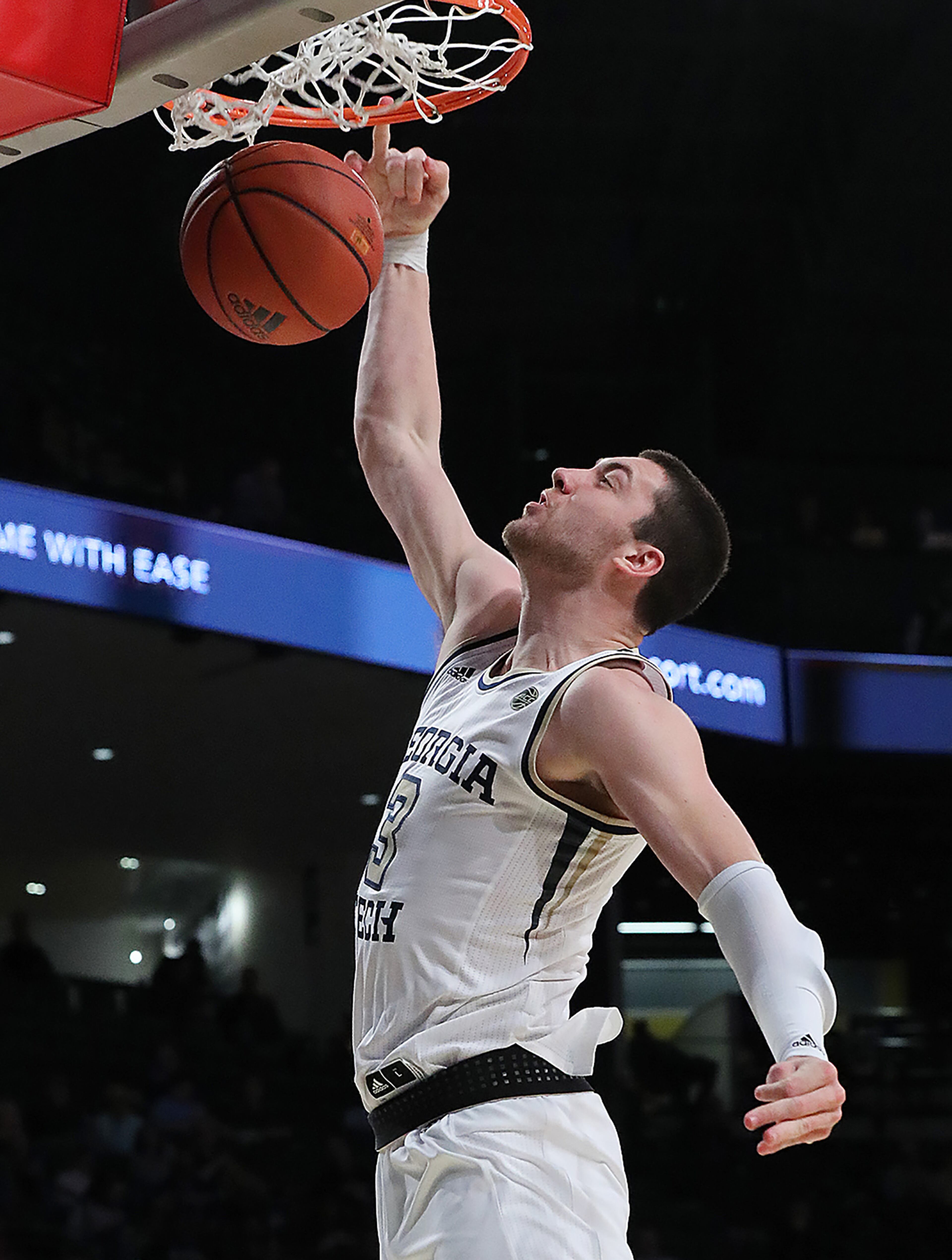 Georgia Tech forward Evan Cole slams for two against Morehouse. Curtis Compton ccompton@ajc.com